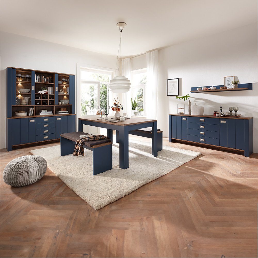 Lomadox Buffet DEVON-36 Landhaus in blau mit Details in Eiche Nb., inkl. LED Beleuchtung