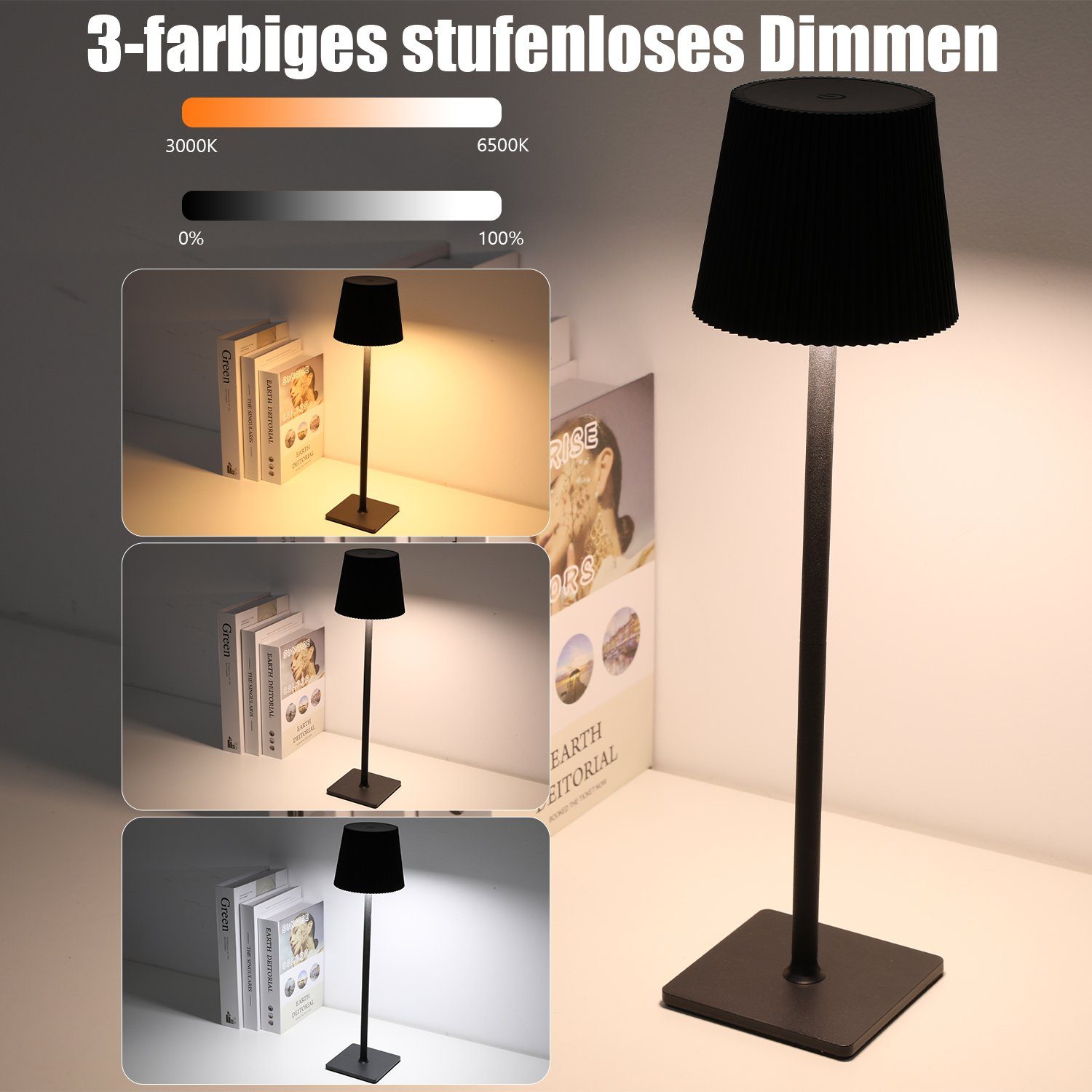 iscooter LED Tischleuchte LED Tischlampe,Touch Dimmbar 3 Farben Metall led tischleuchte kabellos, LED fest integriert, Kaltweiß, Naturweiß, Warmweiß, IP54 aufladbare LED Tischlampe, Abnehmbar Tischlampe mit Metallsocke
