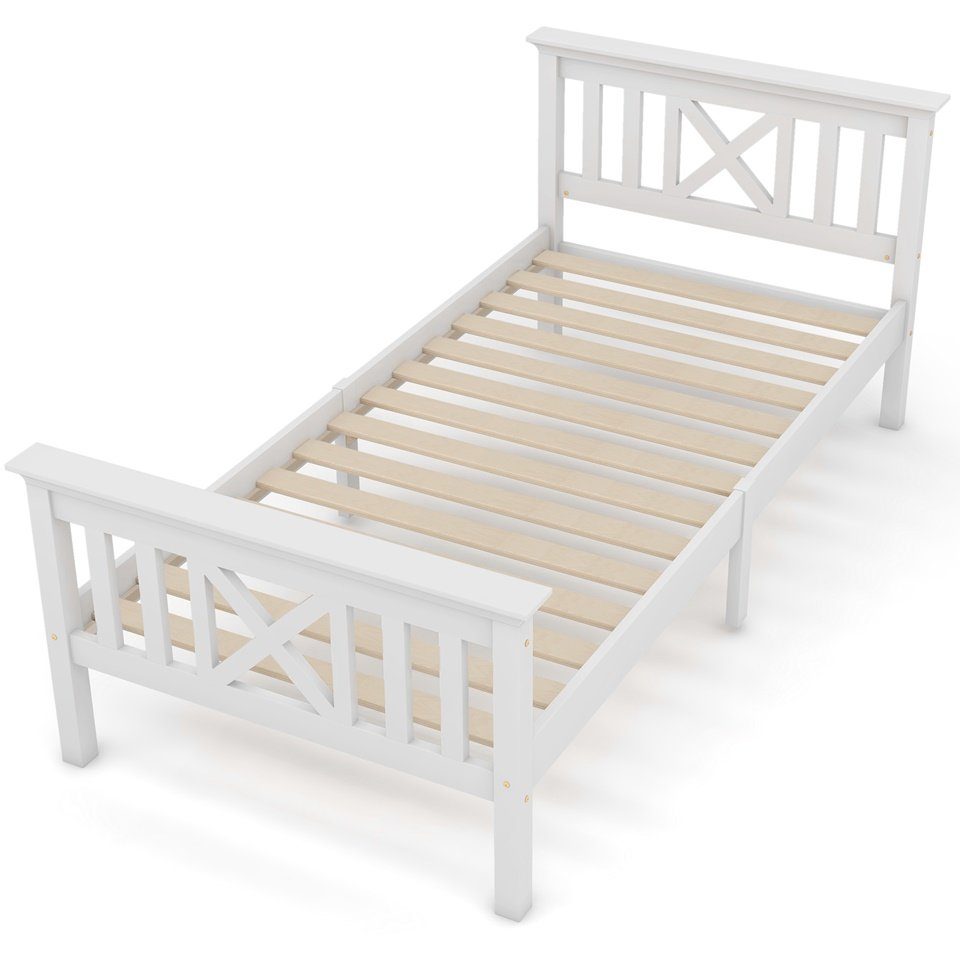 Fangqi Massivholzbett Einzelbett aus Bettgestell mit Lattenrost Holzbett mit Kopfteil, Massivholz Kinderbett, Jugendbett, Kiefer massiv, weiß/grau