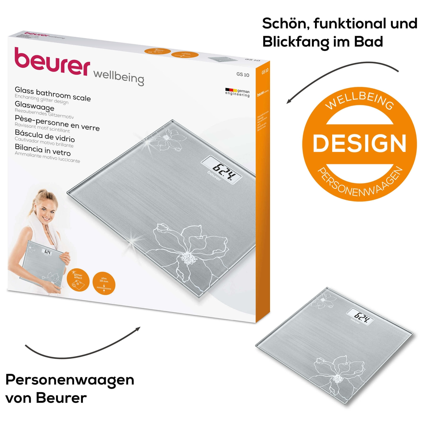 Beurer Glaswaage GS 10-Personenwaage aus Glas gut lesbarer LCD-Anzeige - bis 180 kg