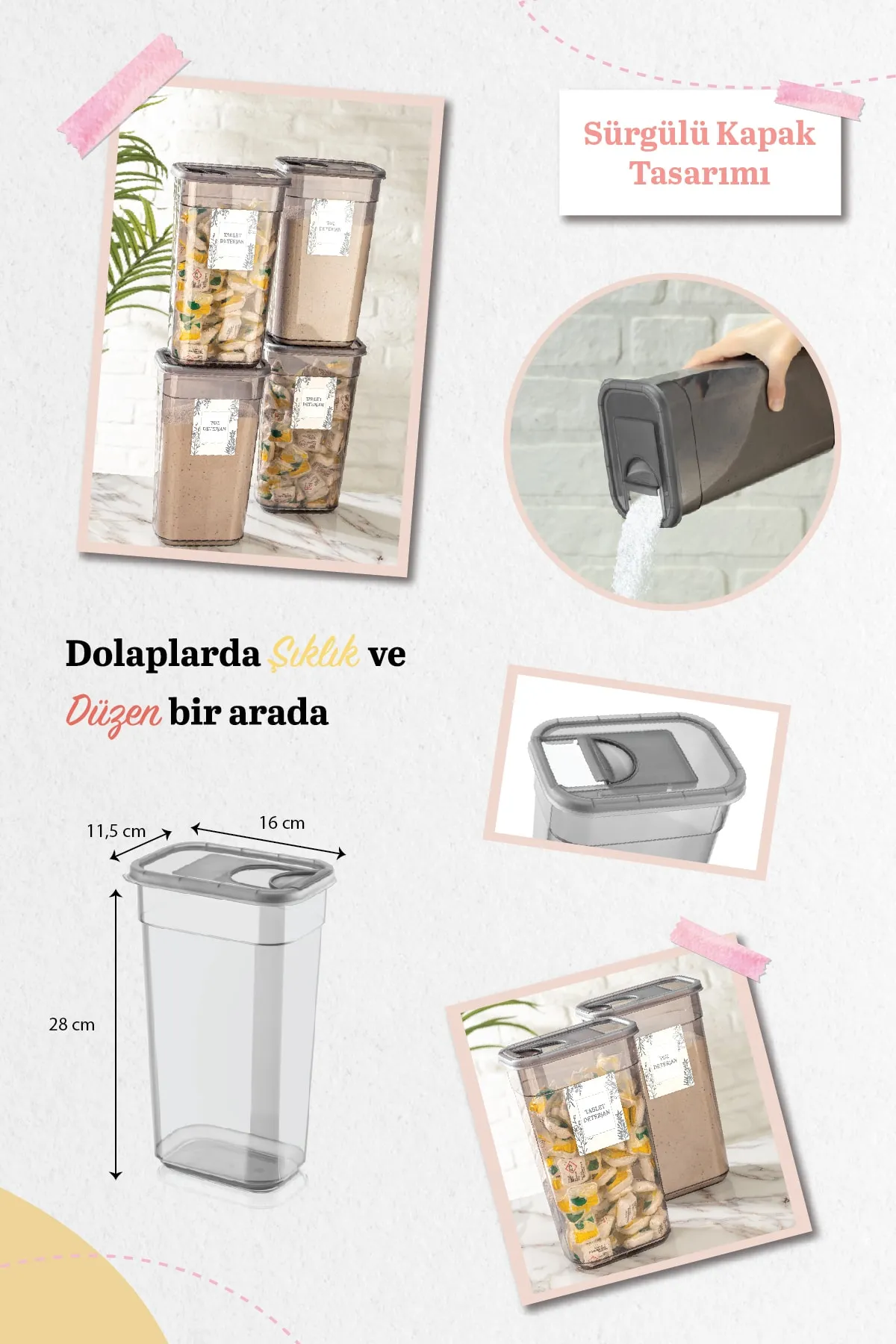 Meleni Home  4-teiliger Vega-Tablettenwaschmittel-Aufbewahrungsbehälter mit Schiebedeckel – beschriftete rechteckige Aufbewahrungsbox 4 x 3,2 Lt