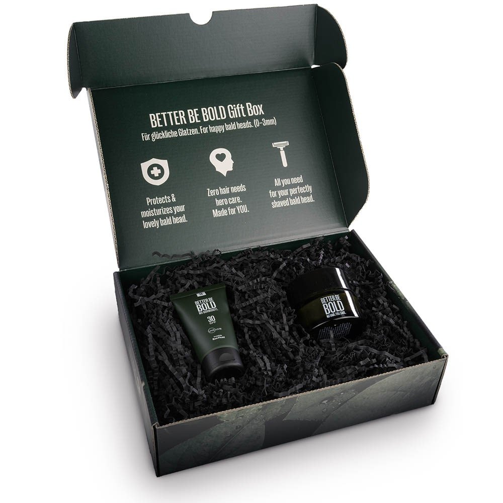 BETTER BE BOLD Set Geschenkbox für Glatzenträger mit UV-Schutz NO BURNOUT
