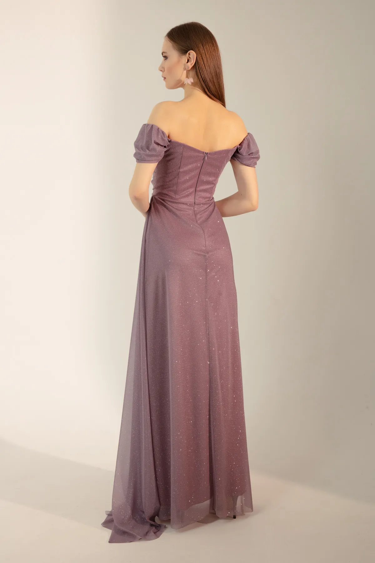 Lafaba  Damen-Abendkleid in Puderblau mit U-Boot-Ausschnitt, drapiertem Schlitz, langes Glitzer-Abendkleid