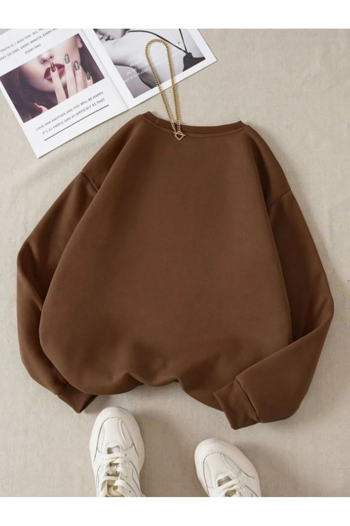 Know  Braunes schlichtes Damen-Sweatshirt mit Rundhalsausschnitt
