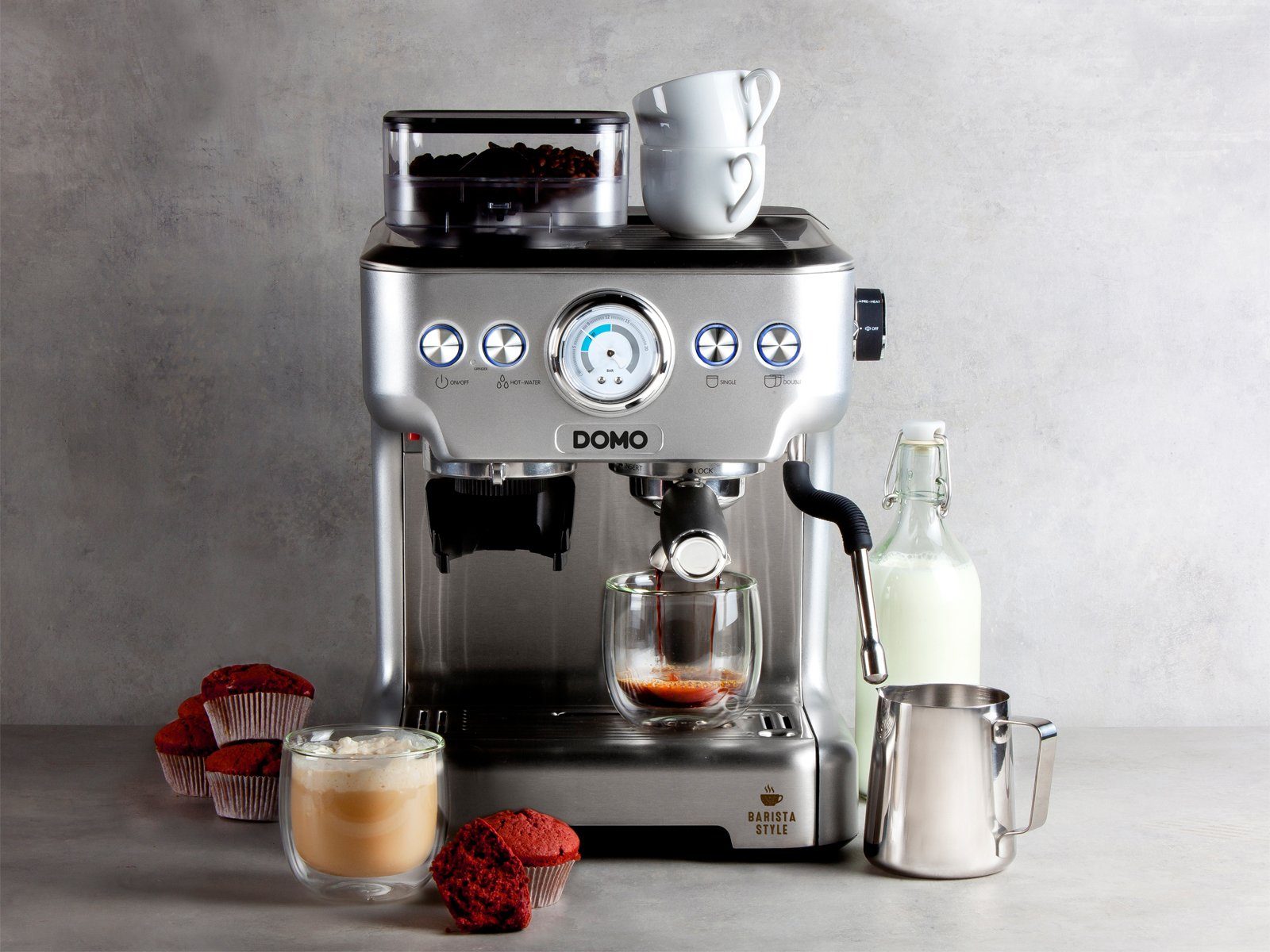 Domo Espressomaschine, Siebträgermaschine mit Mahlwerk Milchschäumer & abnehmbaren Wassertank