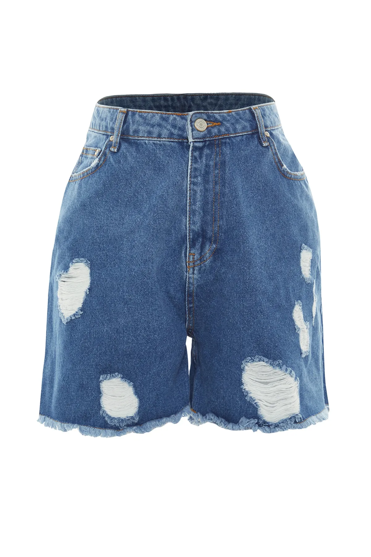 Trendyol Curve  Dunkelblaue Jeansshorts im Destroyed-Stil mit hoher Taille und Bermuda TBBSS22SR0165