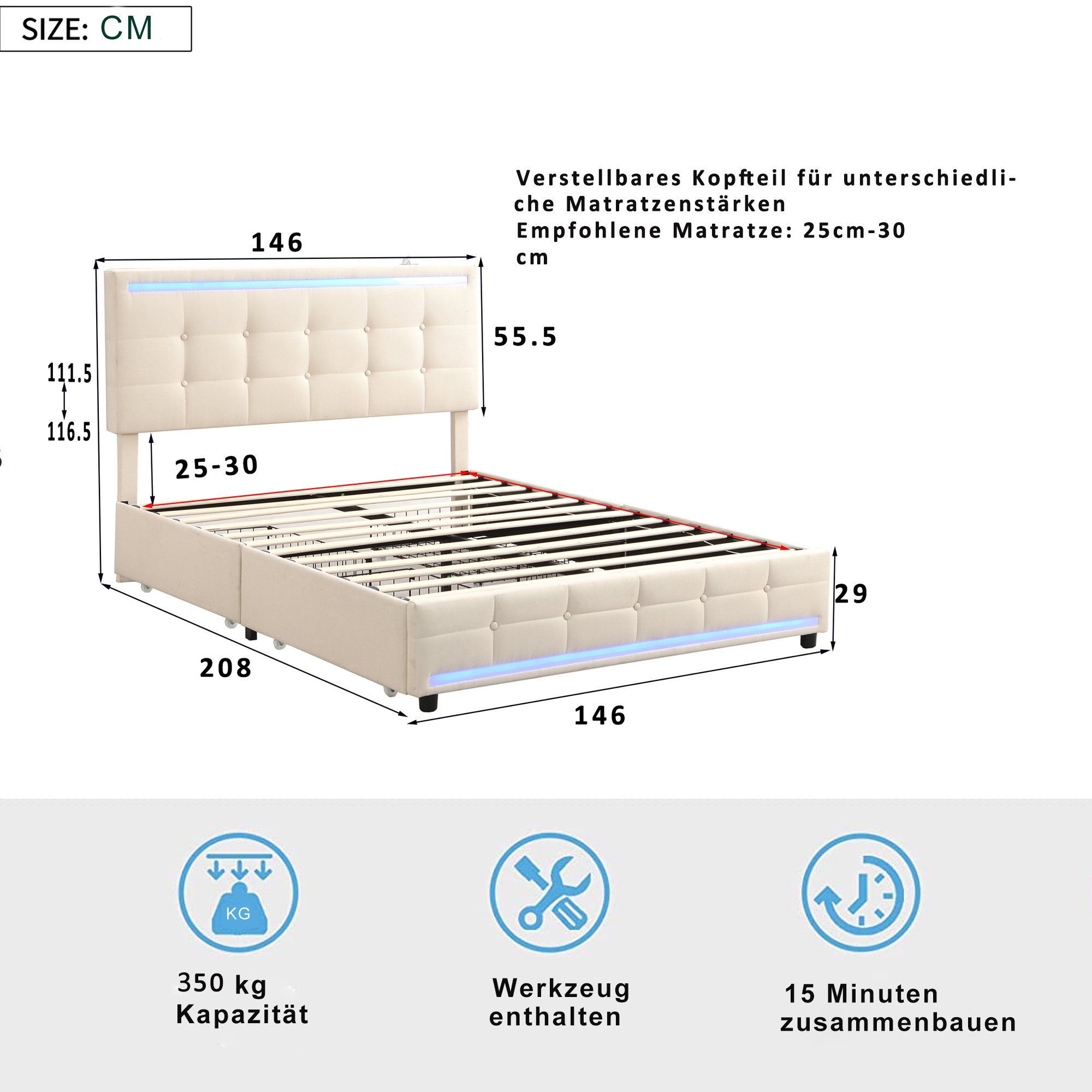 HAUSS SPLOE Polsterbett Polsterbett Funktionsbett Bettrahmen Jugendbett (140 * 200 ohne Matratze, Gepolstertes Plattformbett mit Stauraum), Hochwertiges Material