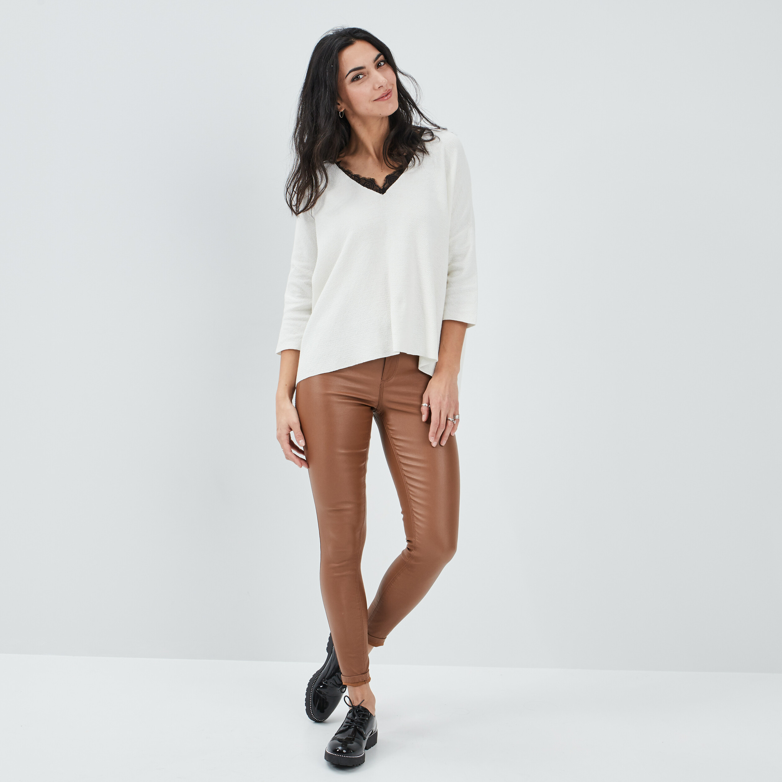 Pantalon enduit skinny push up camel femme | La Halle