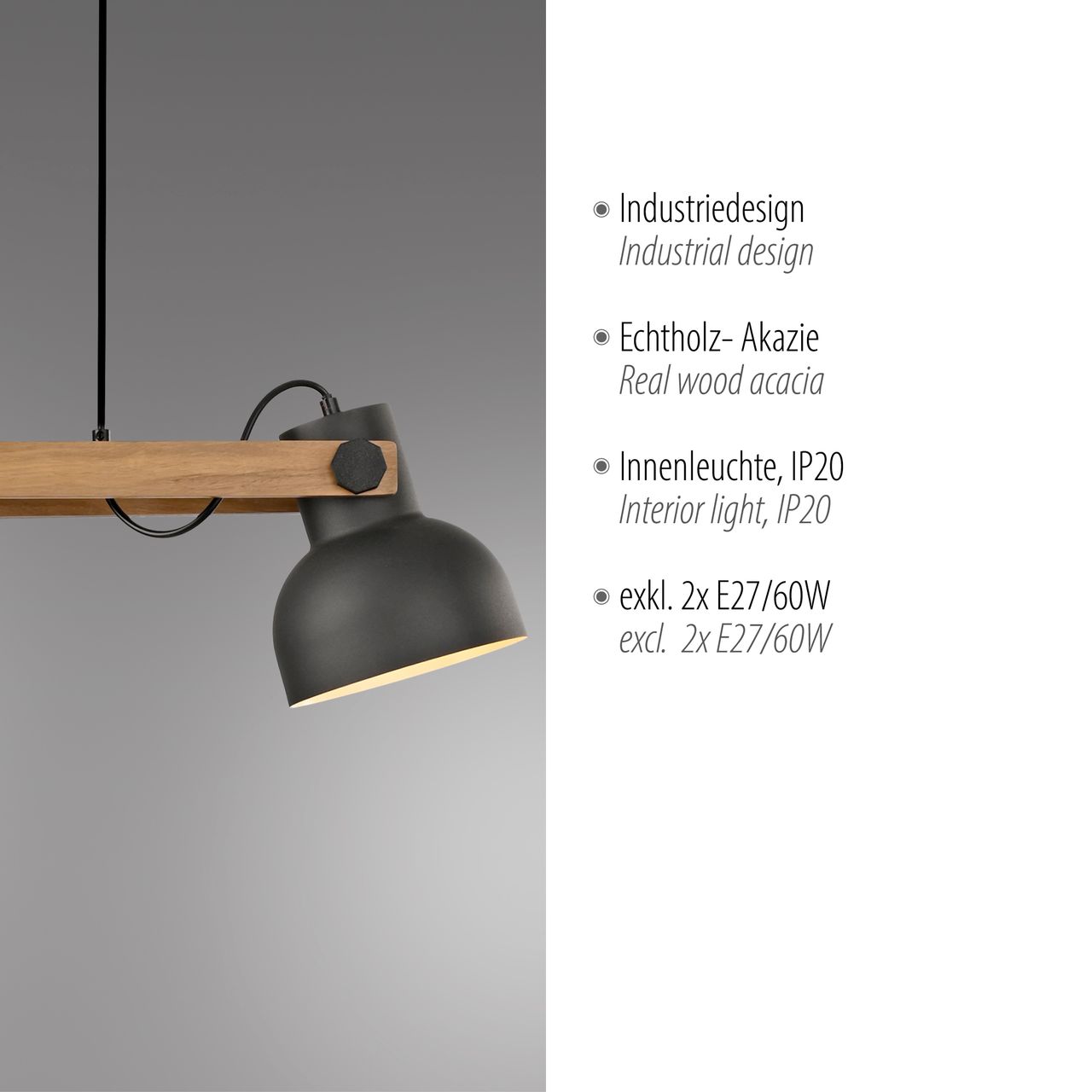 JUST LIGHT Pendelleuchte CUP 2.0, 2xE27 max. 60Watt exkl., höhenverstellbar, IP20, Schwarz