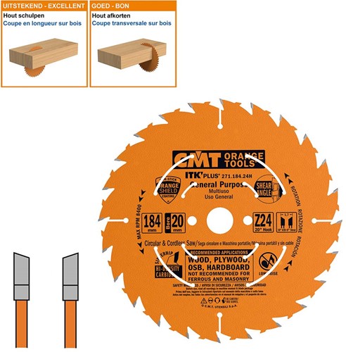 Scie à refendre et à tronçonner ultra-mince CMT 271.184.24H avec bague de réduction 184 x 20 x 24 dents