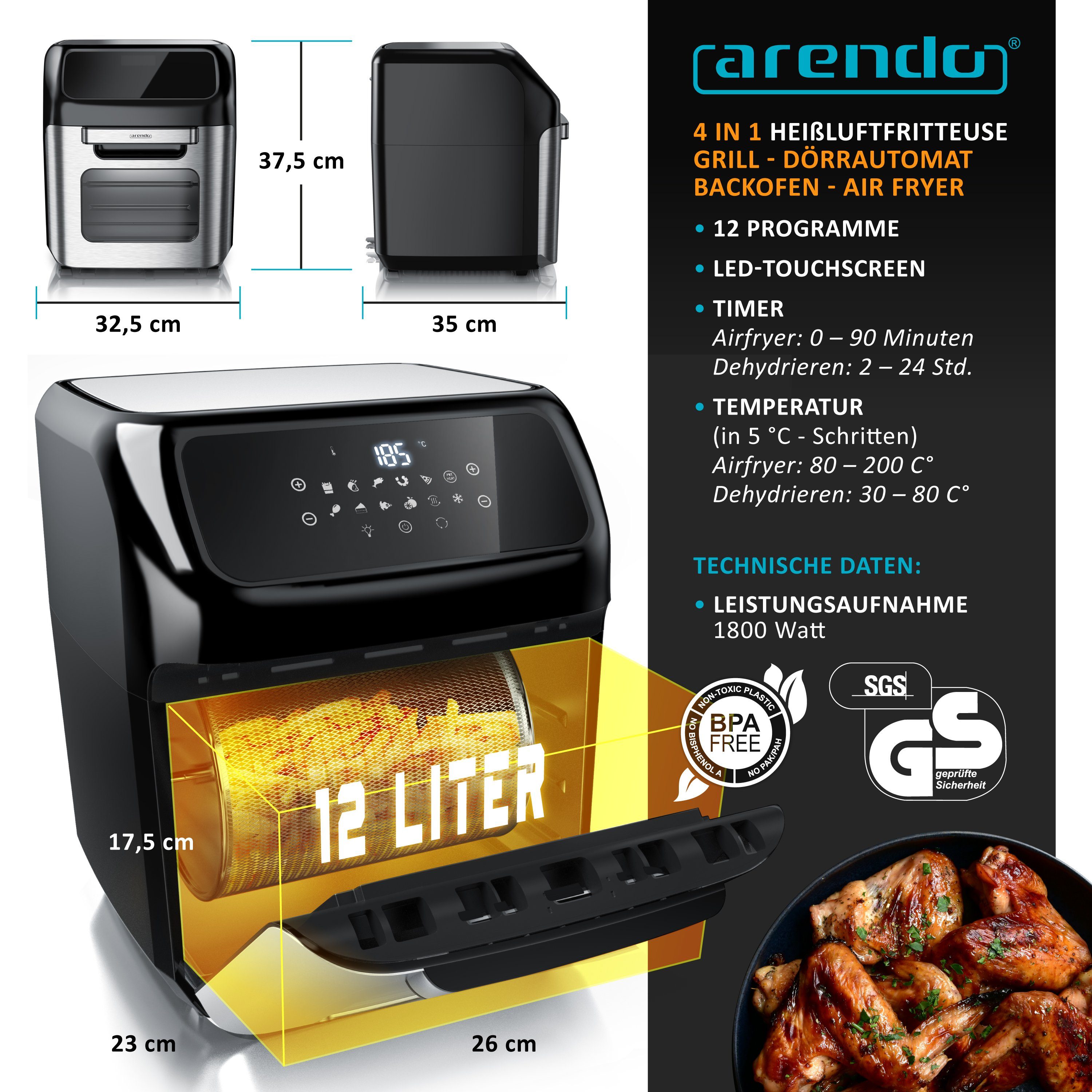 Arendo Heißluftfritteuse, 1800 W, Airfryer, Edelstahl Mini Backofen, Umluft Heissluftfritteuse, BPA frei