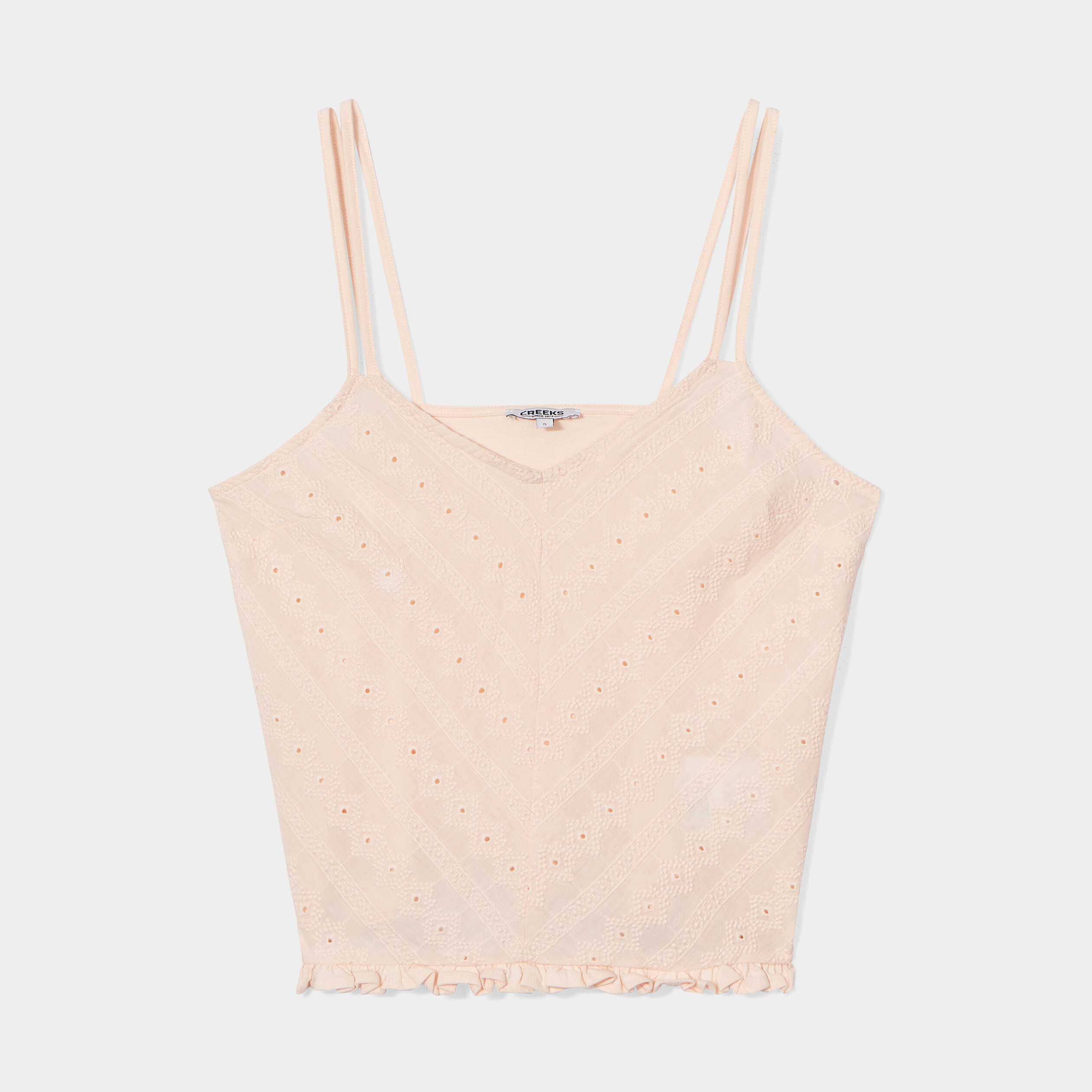 Débardeur broderie anglaise à volants rose clair femme | La Halle