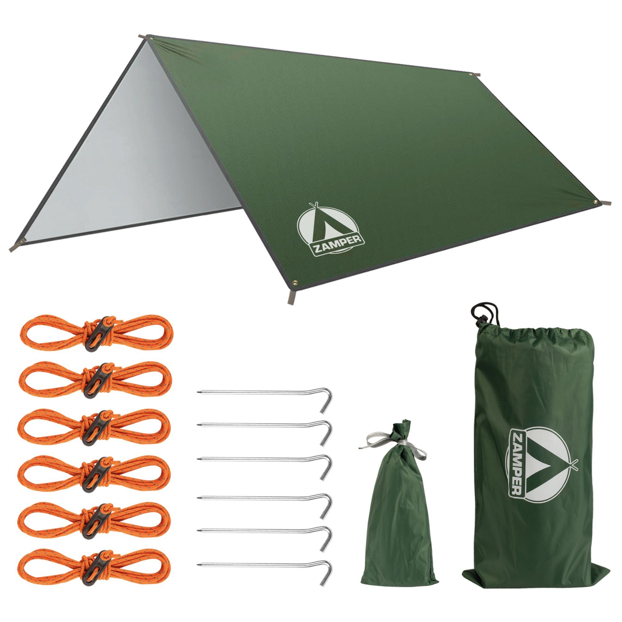 Zamper Tarp-Zelt Tarp Zeltplane 3x3m Wasserdicht – Camping Sonnensegel für Sonnenschutz, Personen: 2 (Zelt-Planen Set mit 6 Heringen und Abspannseilen), Wasserdichte 210D Oxford Ripstop Tarp Plane mit UV-Schutz