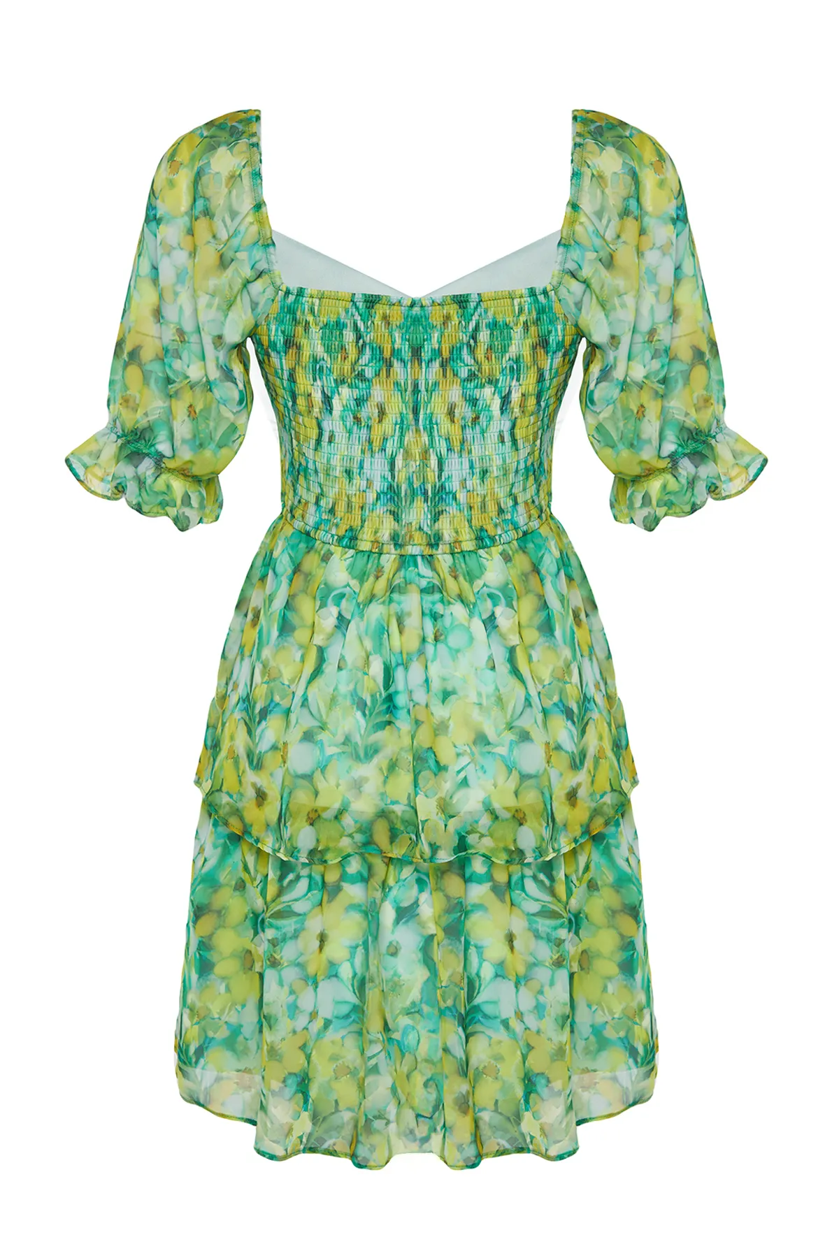 Trendyol Collection  Grünes, gewebtes Minikleid mit Blumenrock, Volant und Chiffonfutter TWOSS22EL2772