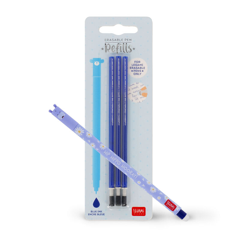 Juego de bolígrafos borrables Hippo con recambio azul.