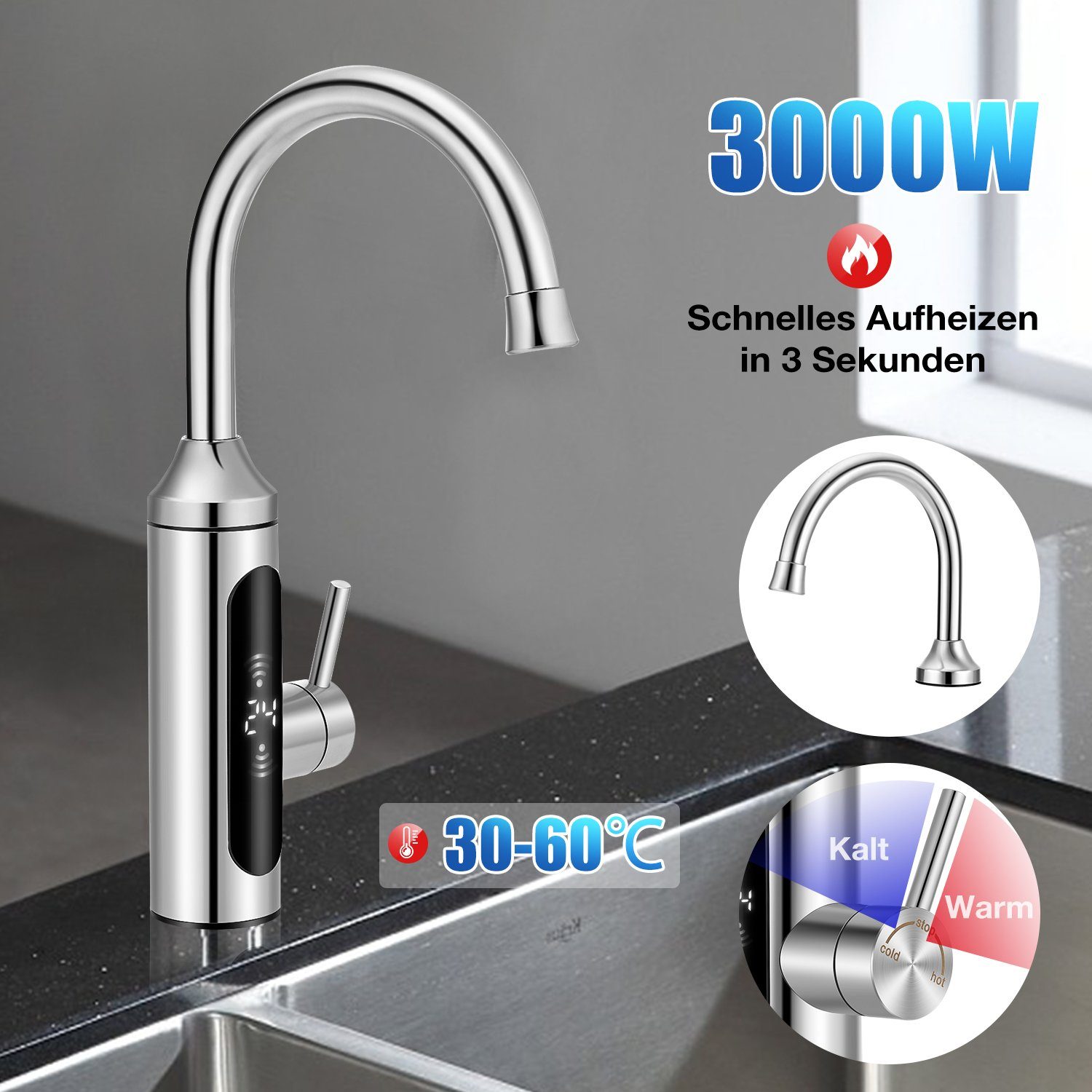 LETGOSPT Klein-Durchlauferhitzer 3000W Elektrisch Wasserhahn LED Temperaturanzeige 360° Drehbar Armatur