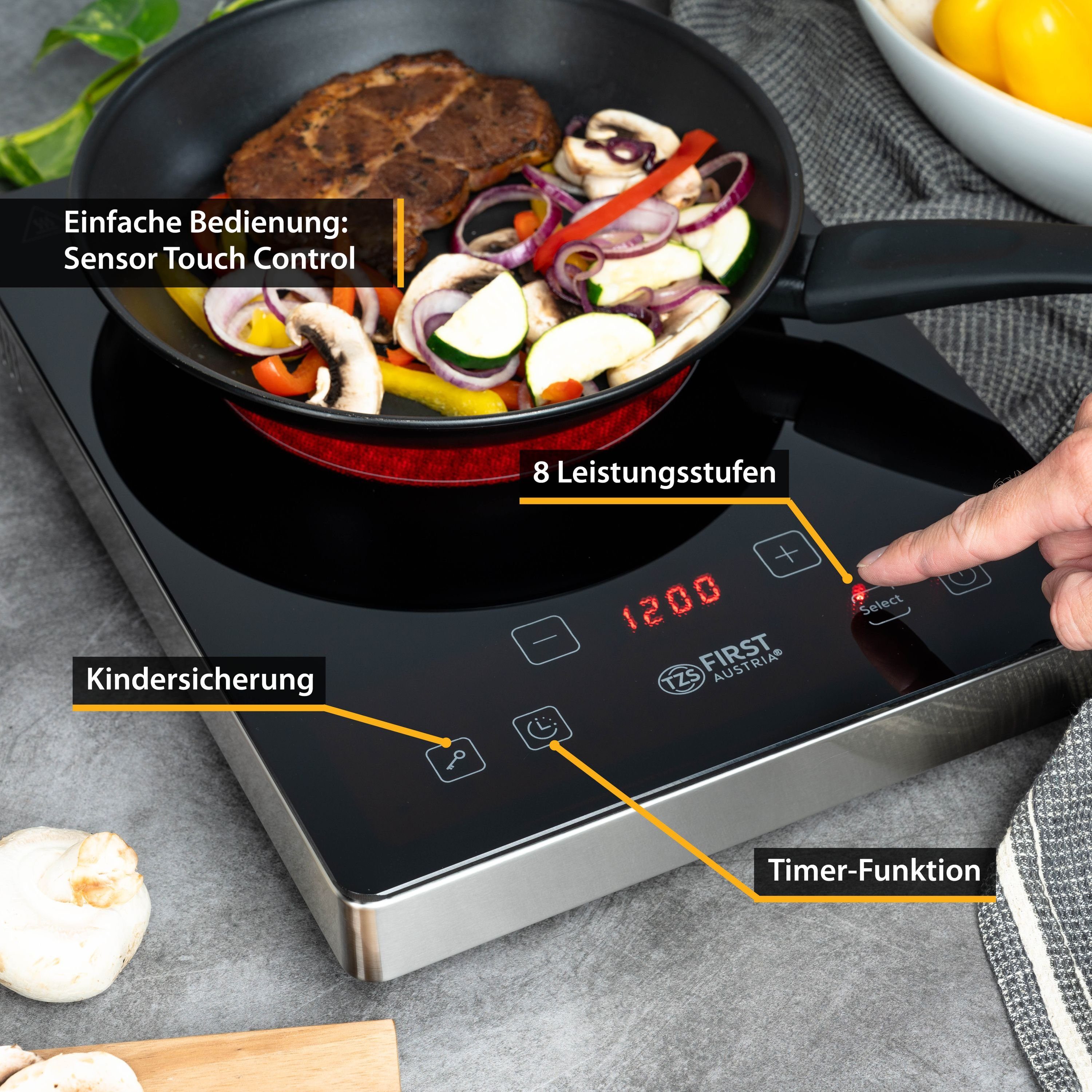 TZS FIRST AUSTRIA Doppelkochplatte Infrarot Kochplatte elektrisch, 2000W, Glaskeramik, Touch-Bedienfeld, Infrarot-Heiztechnologie, LED-Display, Timer, Sicherheitsfunktion