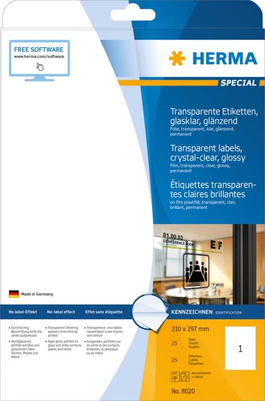 HERMA Transparente Etiketten 8020 Rechteckig DIN A4 210 x 297 mm 25 Blatt à 1 Etikett