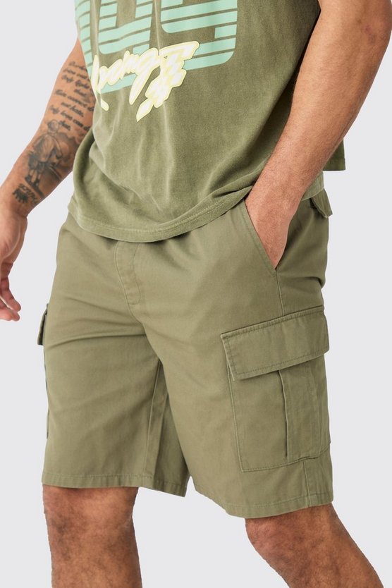 Lockere Khaki Cargo-Shorts mit elastischem Bund