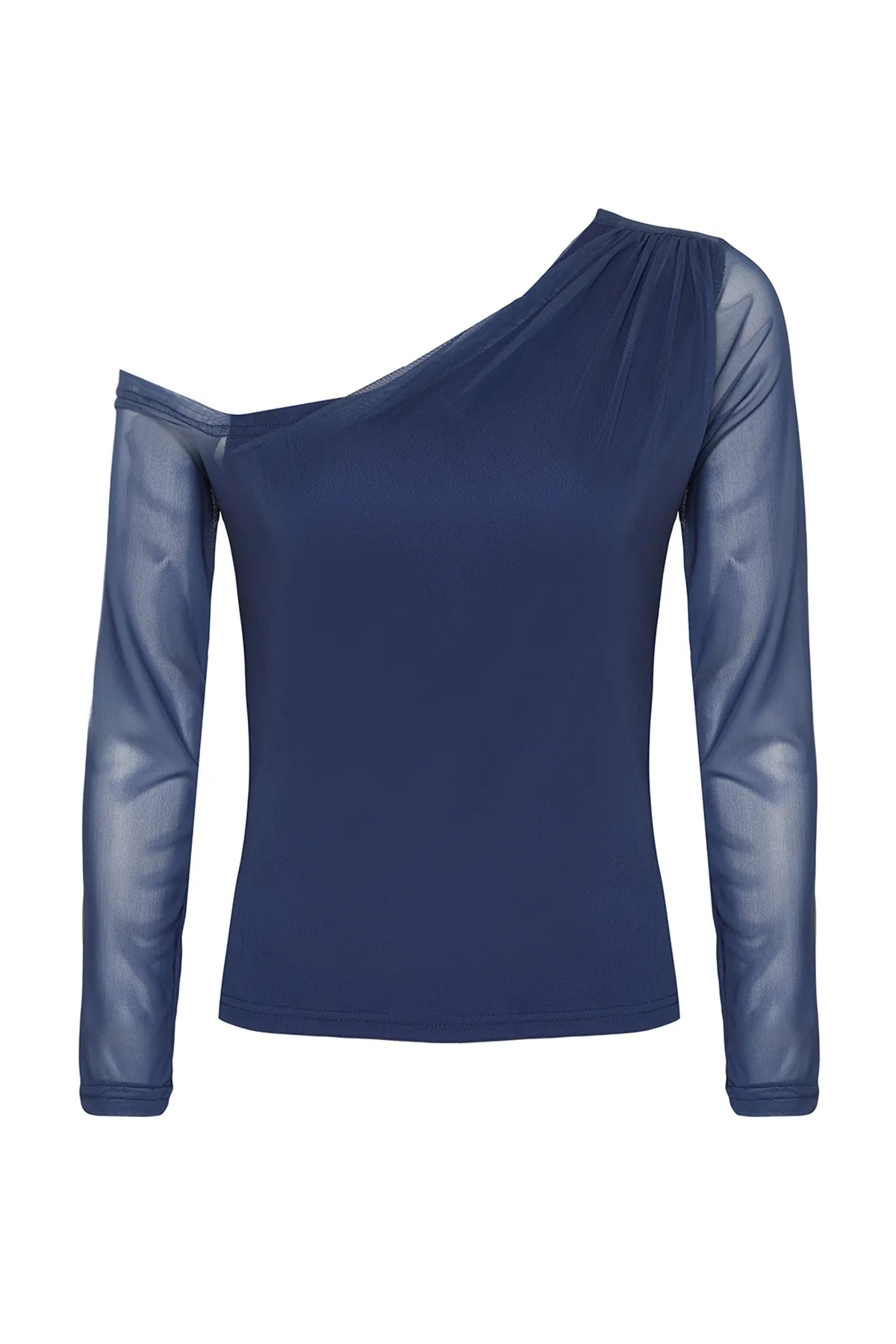 Trendyol Collection  Mit Indigo-Tüll gefütterte Strickbluse mit asymmetrischem Kragen TWOAW24BZ00051