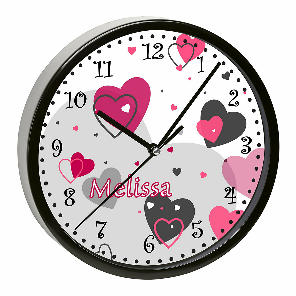 Kinder Wanduhr personalisiert mit Name Herz Rosa Grau
