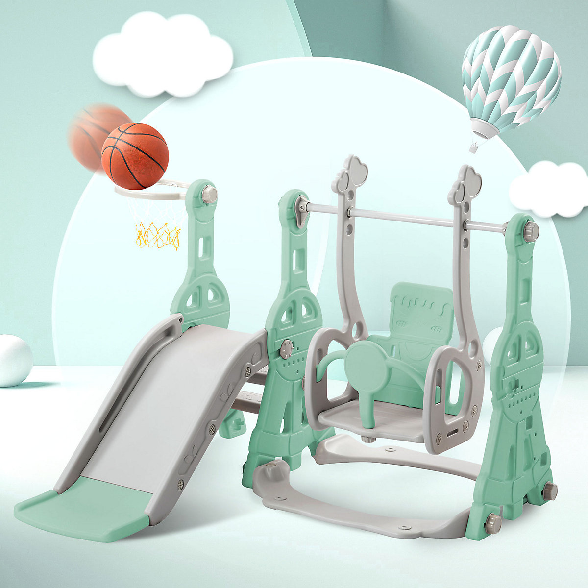 Rutsche 3 in 1 Kinderrutsche Spielplatz mit Schaukeln, Basketballkorb