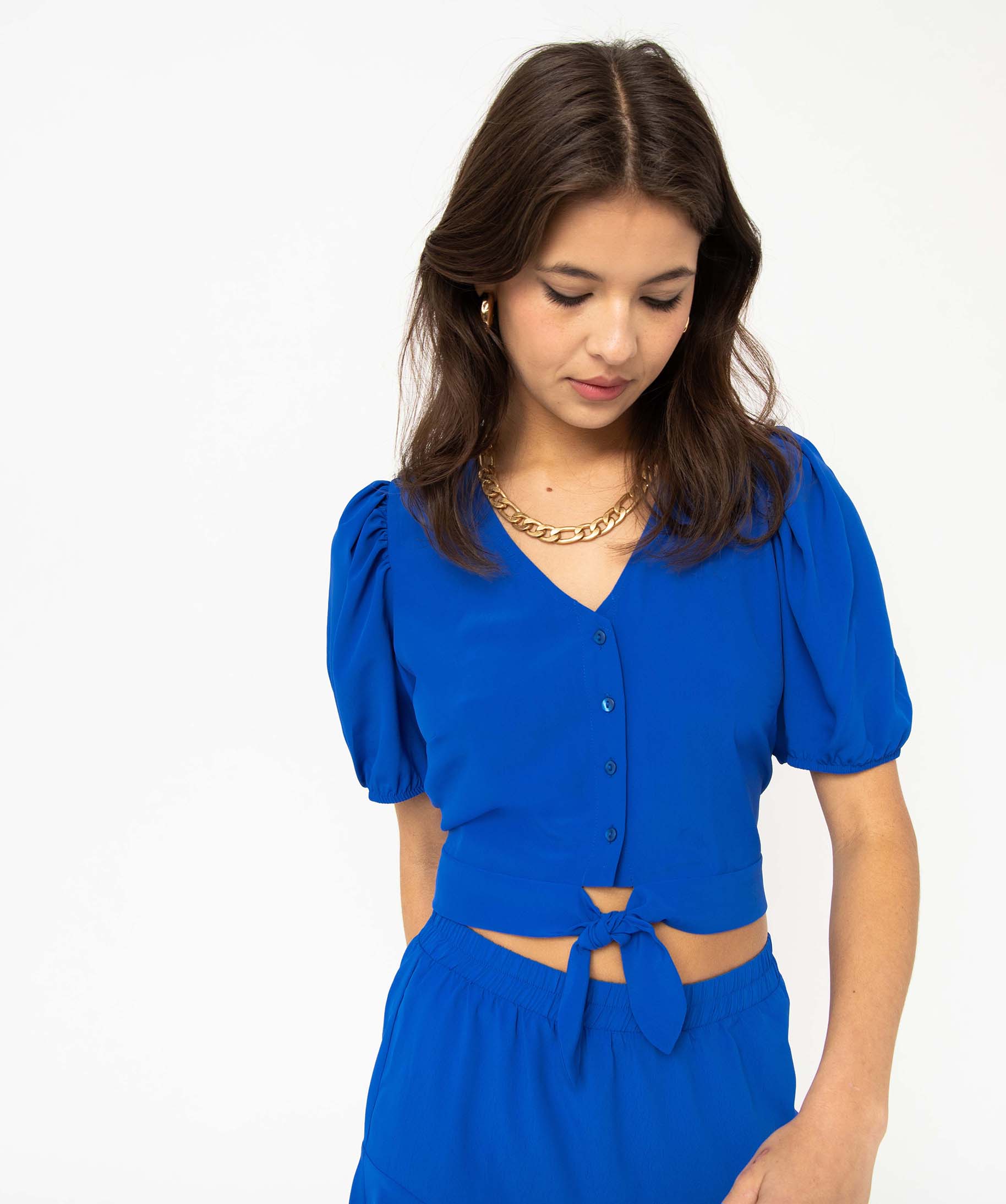 Blouse courte fluide à manches ballon femme bleu | GEMO