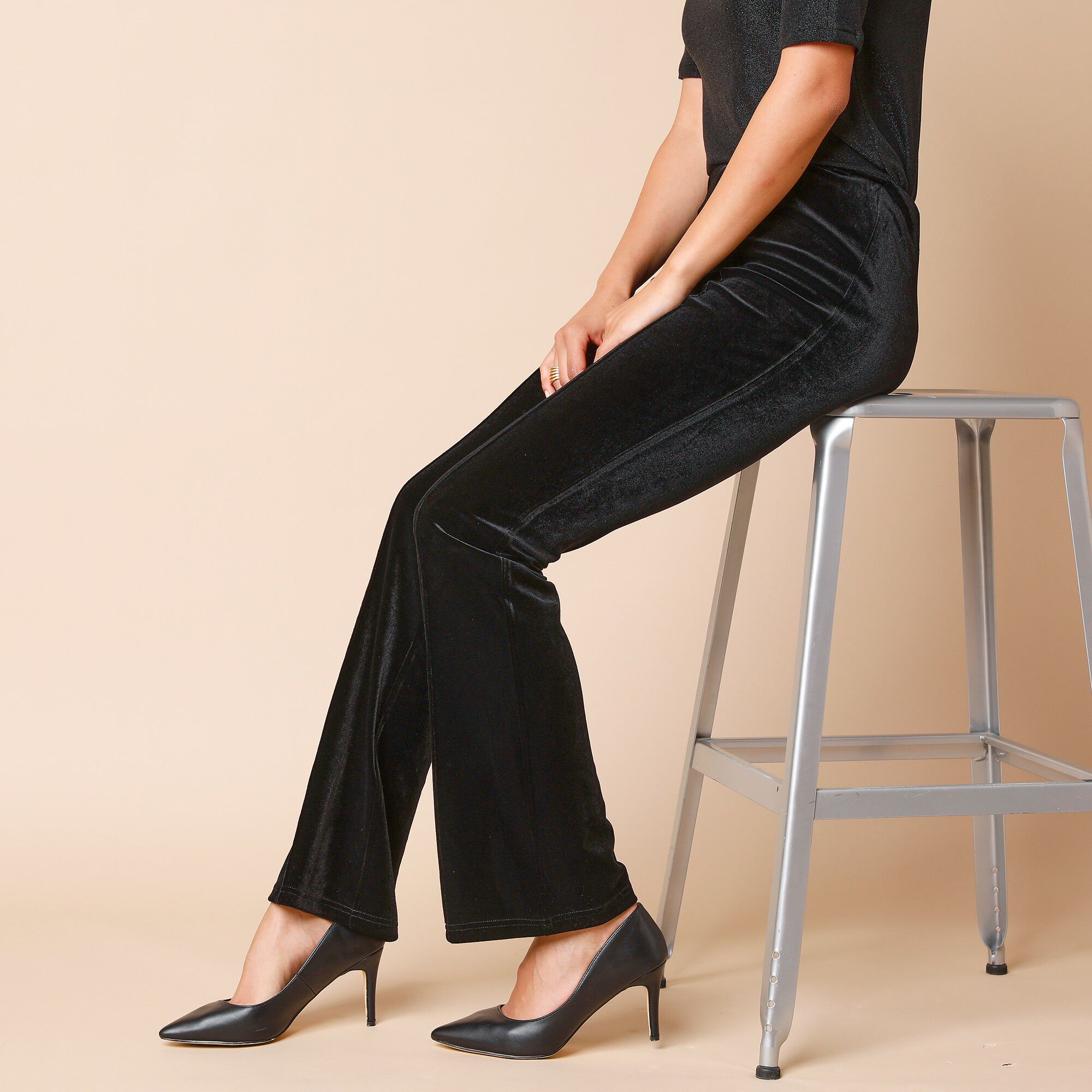 Legging bootcut taille élastiquée, maille velours