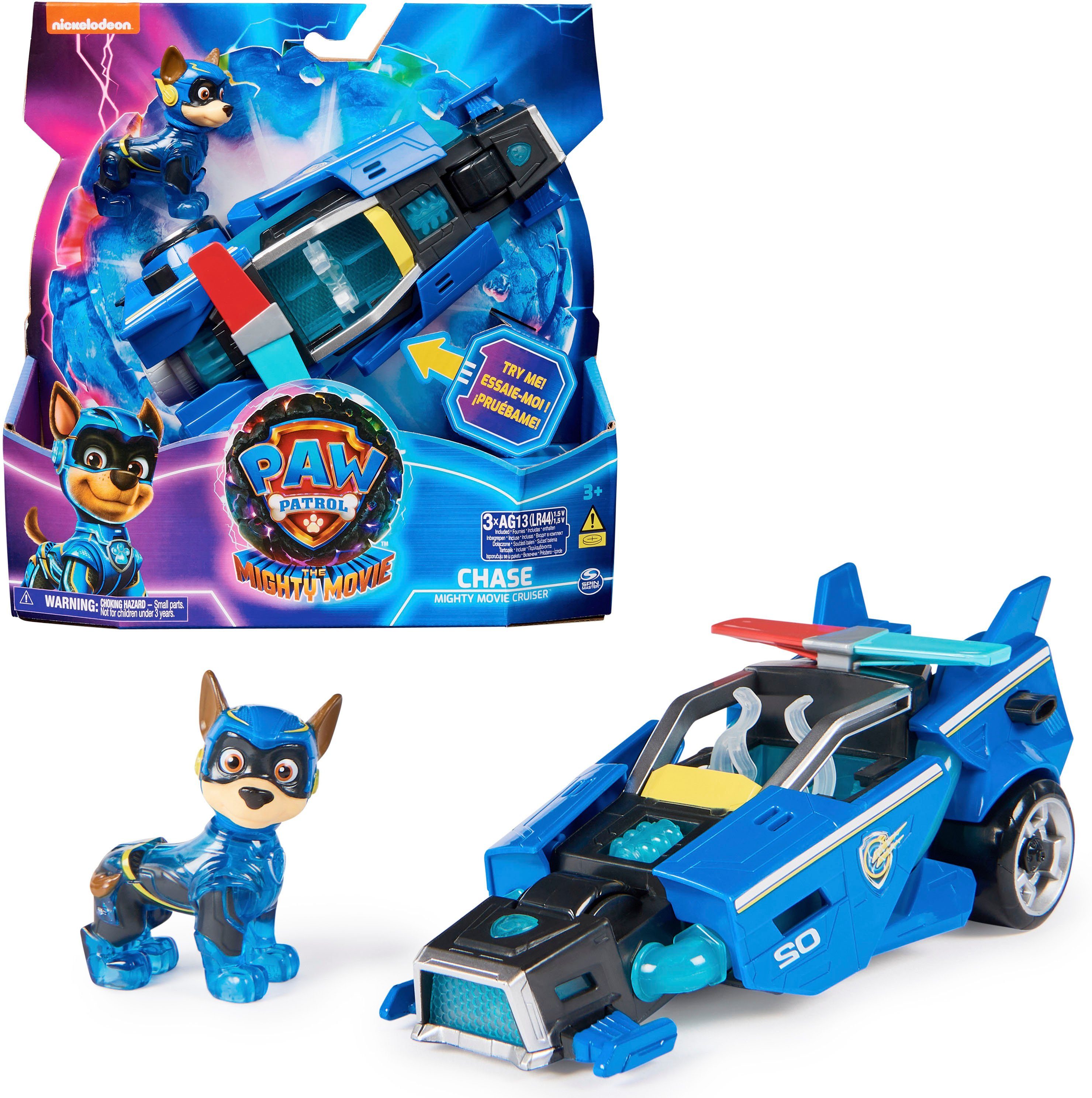 Spin Master Spielzeug-Auto PAW Patrol, Der Mighty Kinofilm: Superhelden-Basis-Fahrzeug von Chase, Polizeiauto mit Welpenfigur, Licht- und Soundeffekt