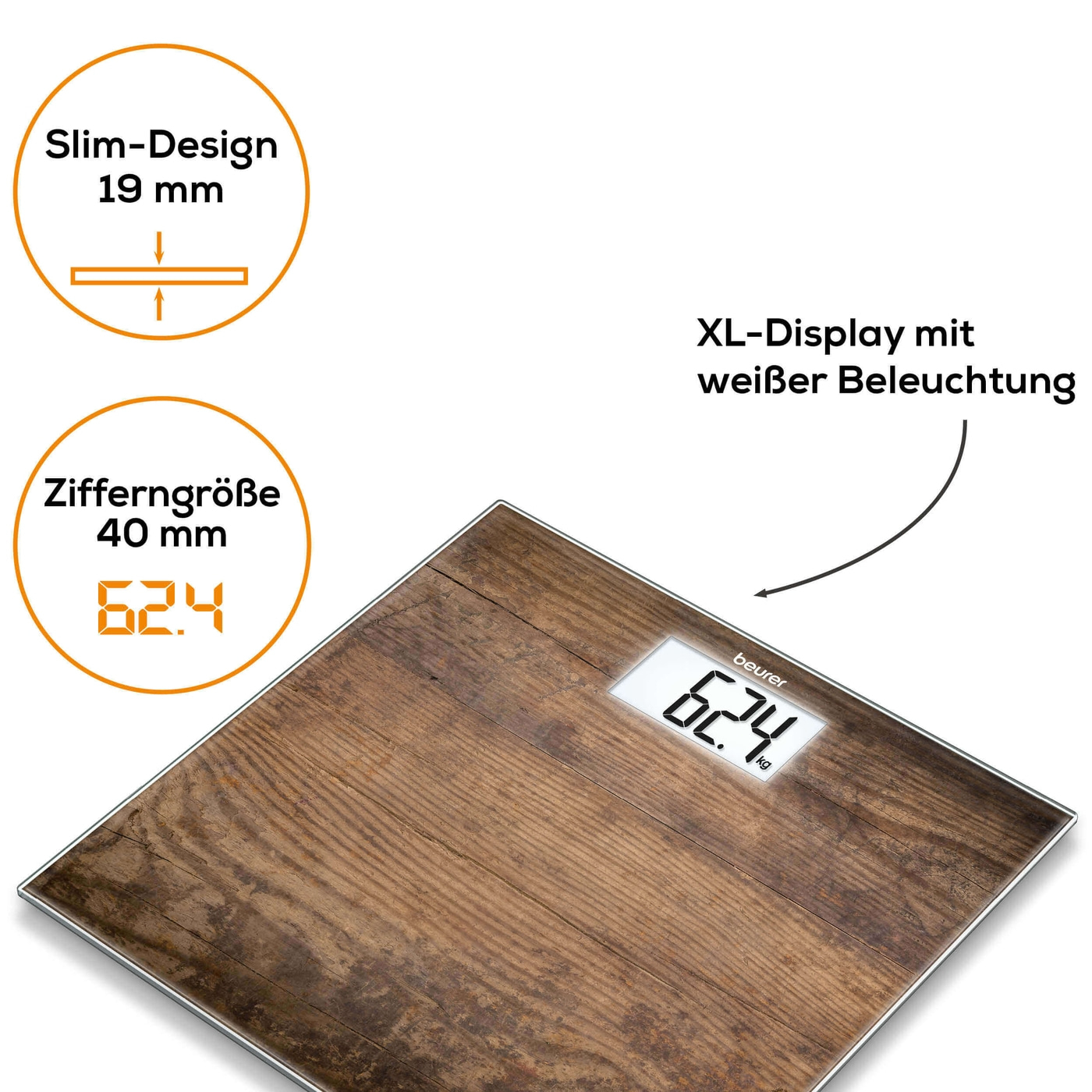 Beurer Glaswaage GS 203 Wood-Personenwaage aus Glas mit beleuchtetem XL-Display - bis 150 kg