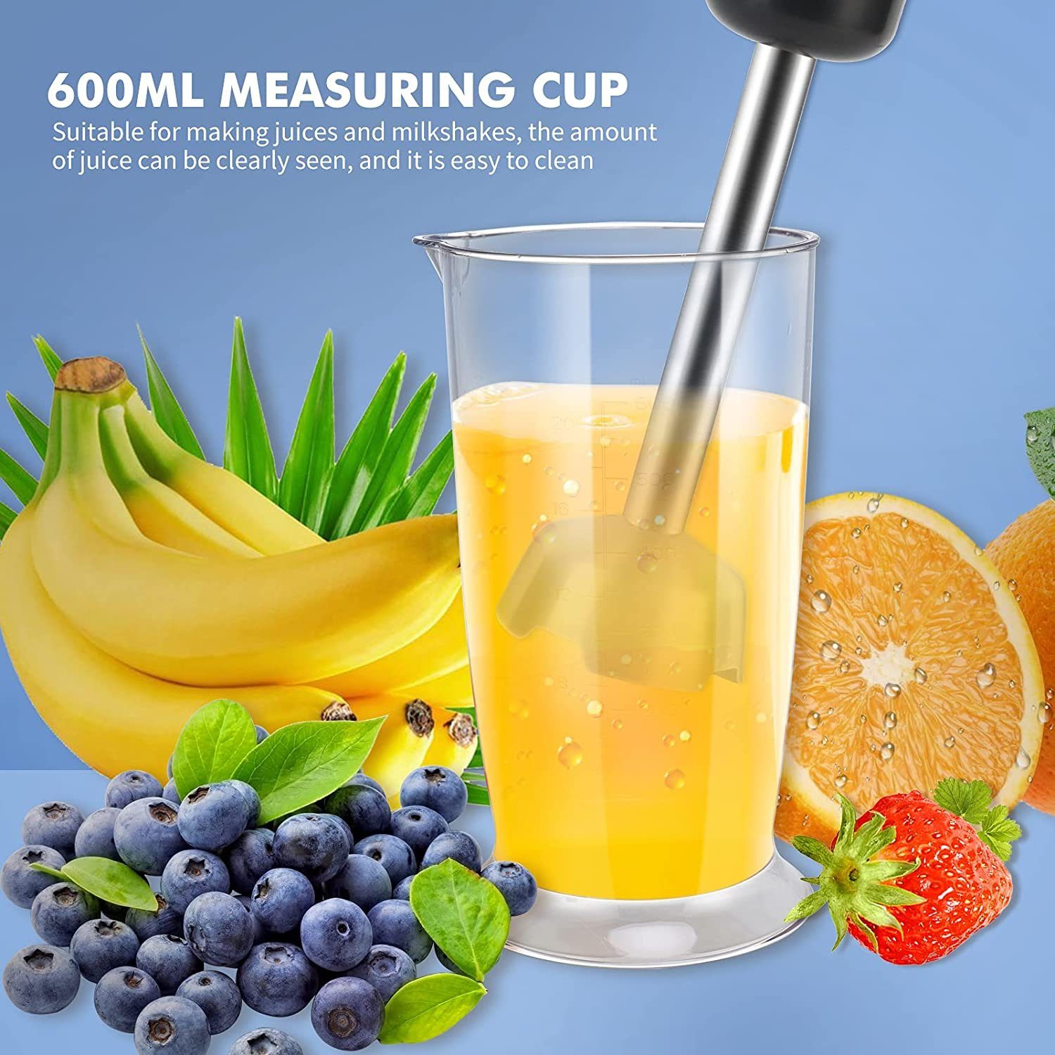 IBETTER Stabmixer, Stabmixer Edelstahl Set - 800-1000 W- Pürierstab - 12 Stufen, mit Schneebesen, Standmixer Aufsatz, Zerkleinerer, 600 ml Mixbecher