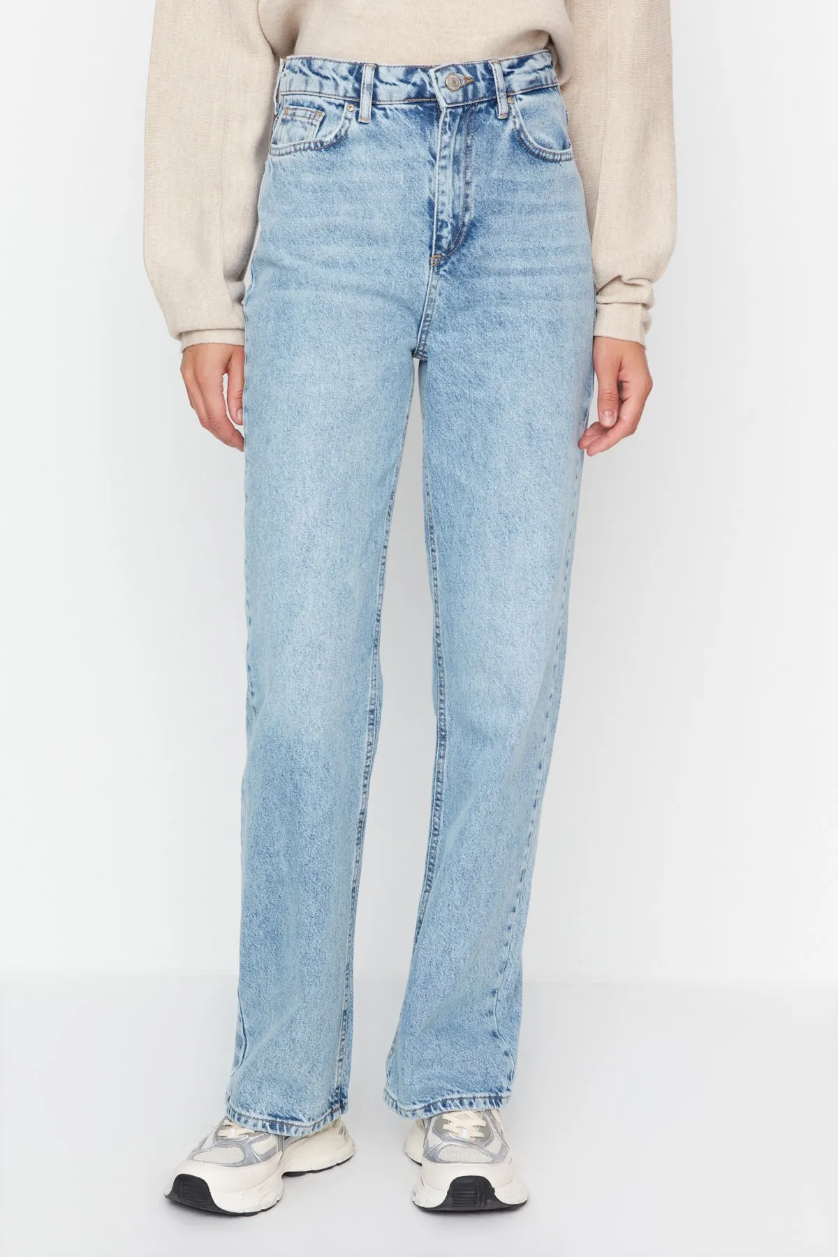 Trendyol Collection  Blaue, lange, gerade Jeans mit hoher Taille TWOAW23JE00111