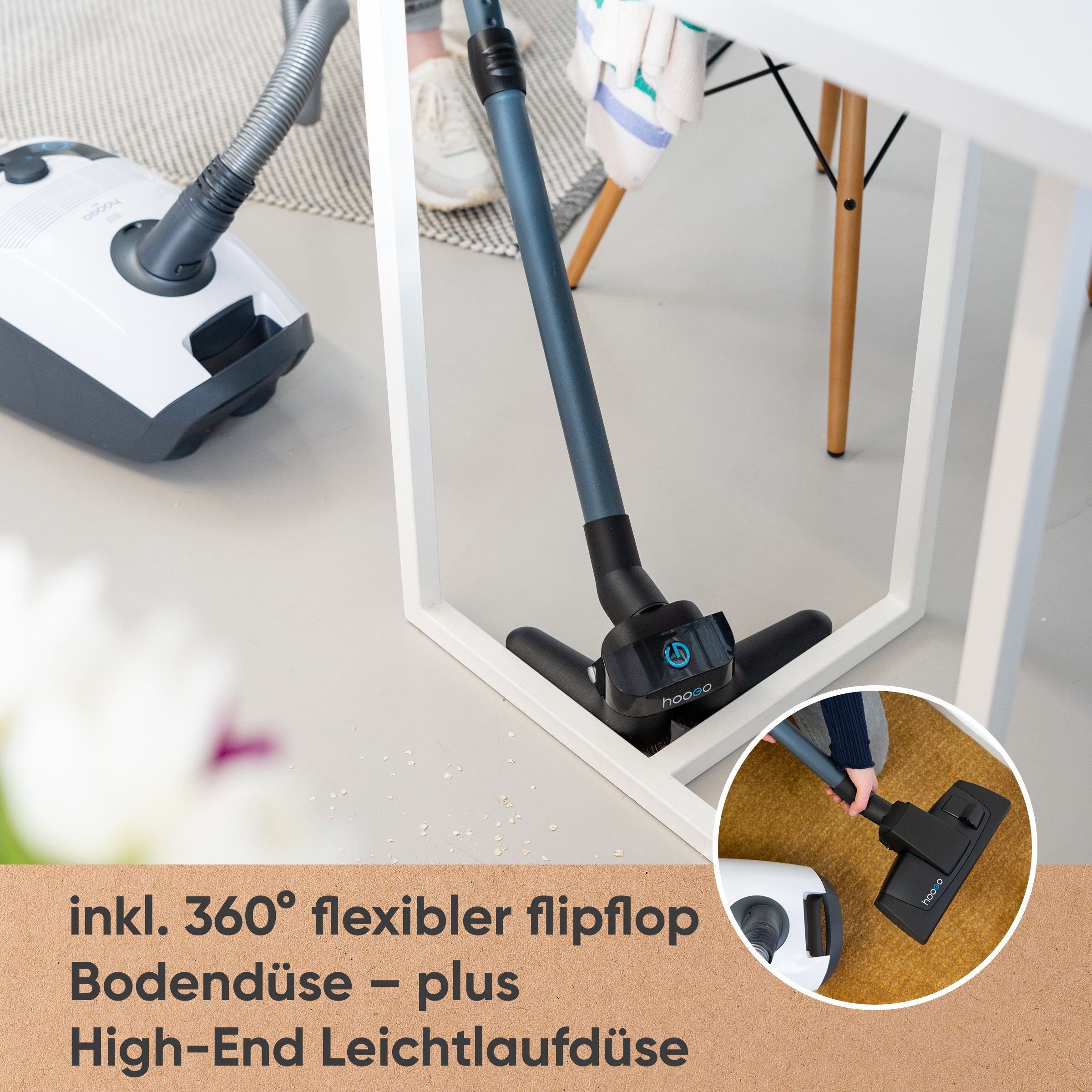 hoogo Bodenstaubsauger B3+ flipflop mit High-End Leichtlaufdüse und flipflop-Düse, 850,00 W, mit Beutel, HEPA-14-Filter, ideal für Allergiker, saugt Milben und Pollen