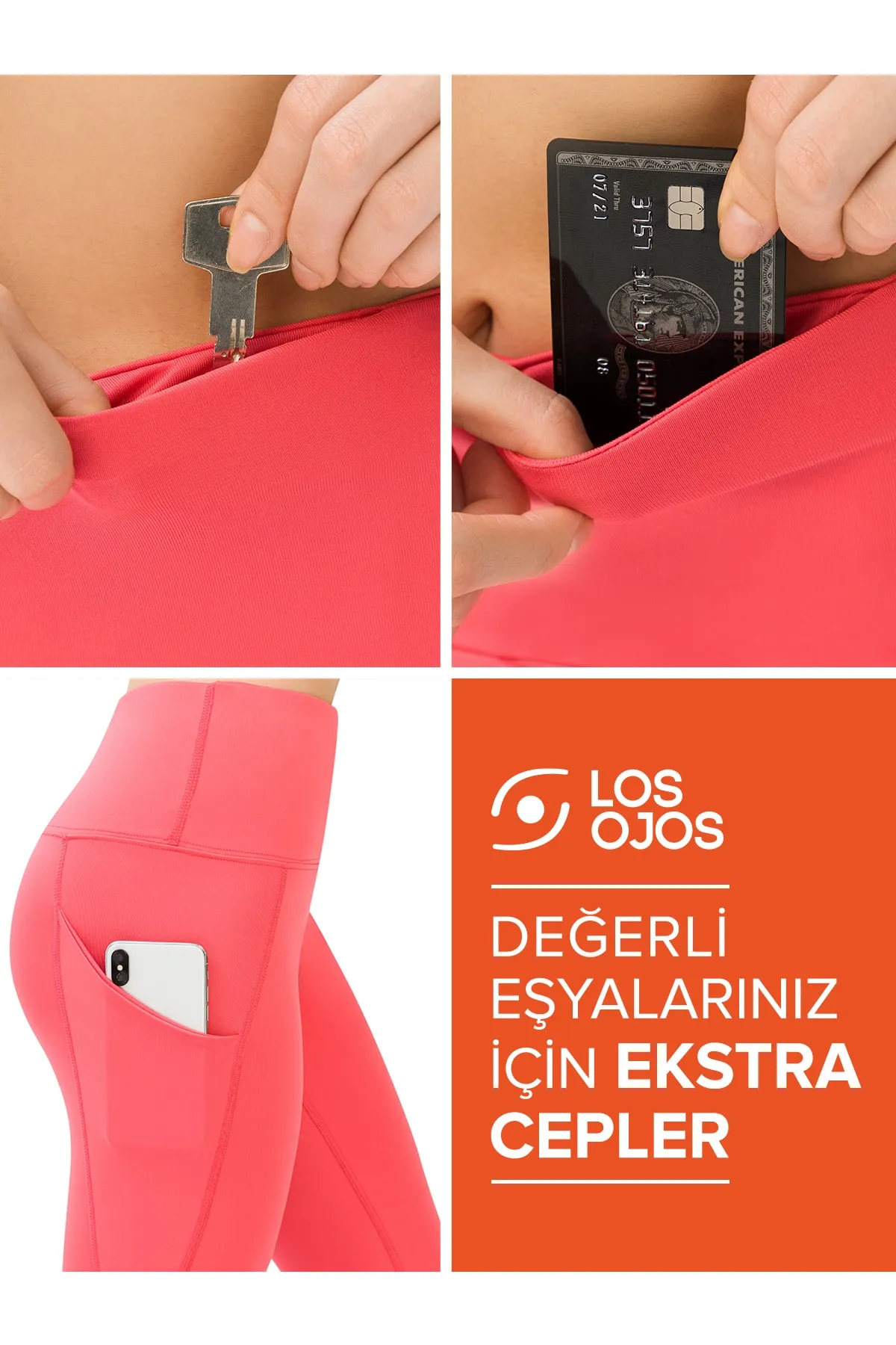 LOS OJOS  Korallefarbene Damen-Sportleggings mit Gürtel und hoher Taille und doppelter Tasche