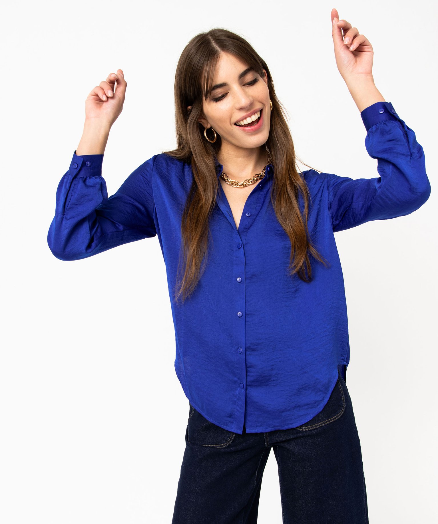 Chemise en satin à manches longues femme bleu | GEMO