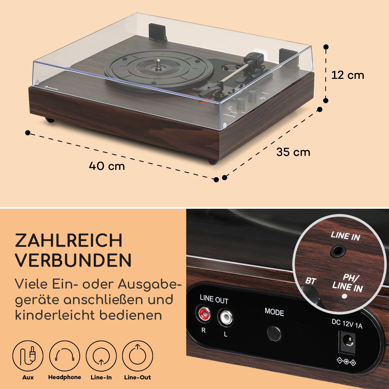 Auna TT-Classic Chrono Plattenspieler (Riemenantrieb, Bluetooth, Schallplattenspieler mit Lautsprecher Vinyl Plattenspieler)
