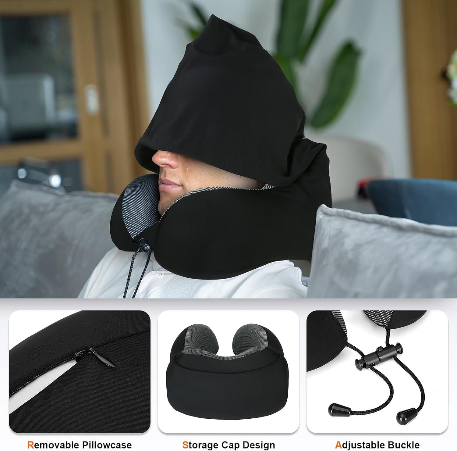 Directin Nackenkissen Memory Foam, Reisekissen mit Haube, Bequemes Nackenhörnchen mit Haube, Set, für Flugzeug, Auto, Zug, Büro, Nackenkissen Reise zum Schlafen