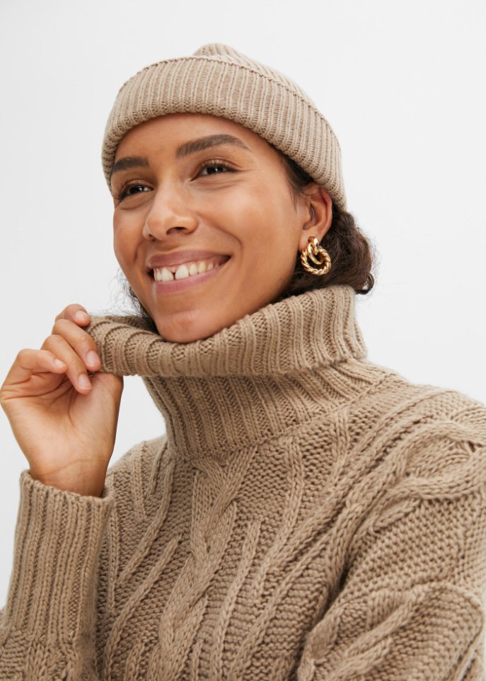 Rollkragen-Pullover mit Zopfmuster