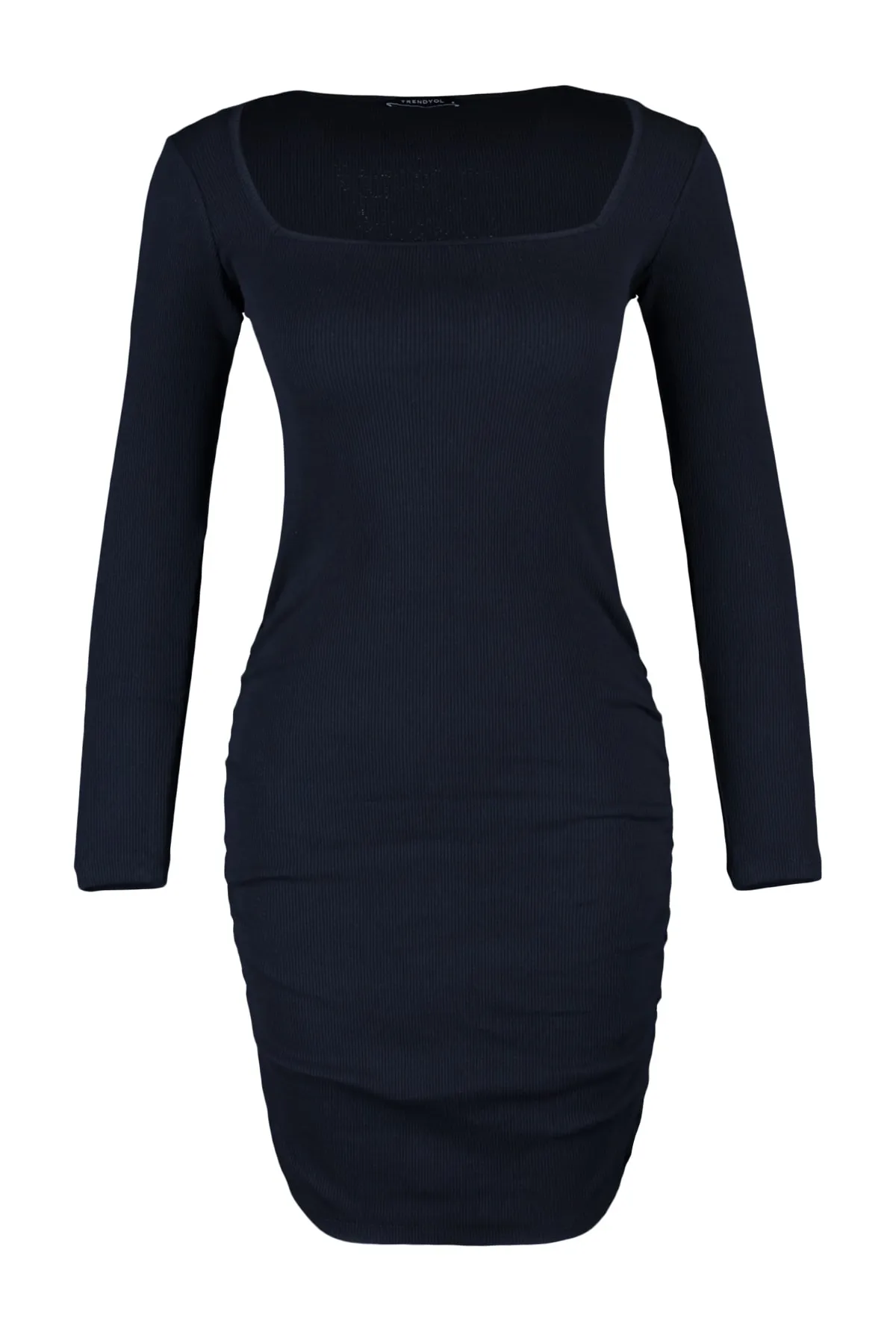 Trendyol Collection  Schwarzes, tailliertes, geripptes, flexibles Strick-Bleistiftkleid mit Mini-Kragen und Raffung TWOAW23EL01396