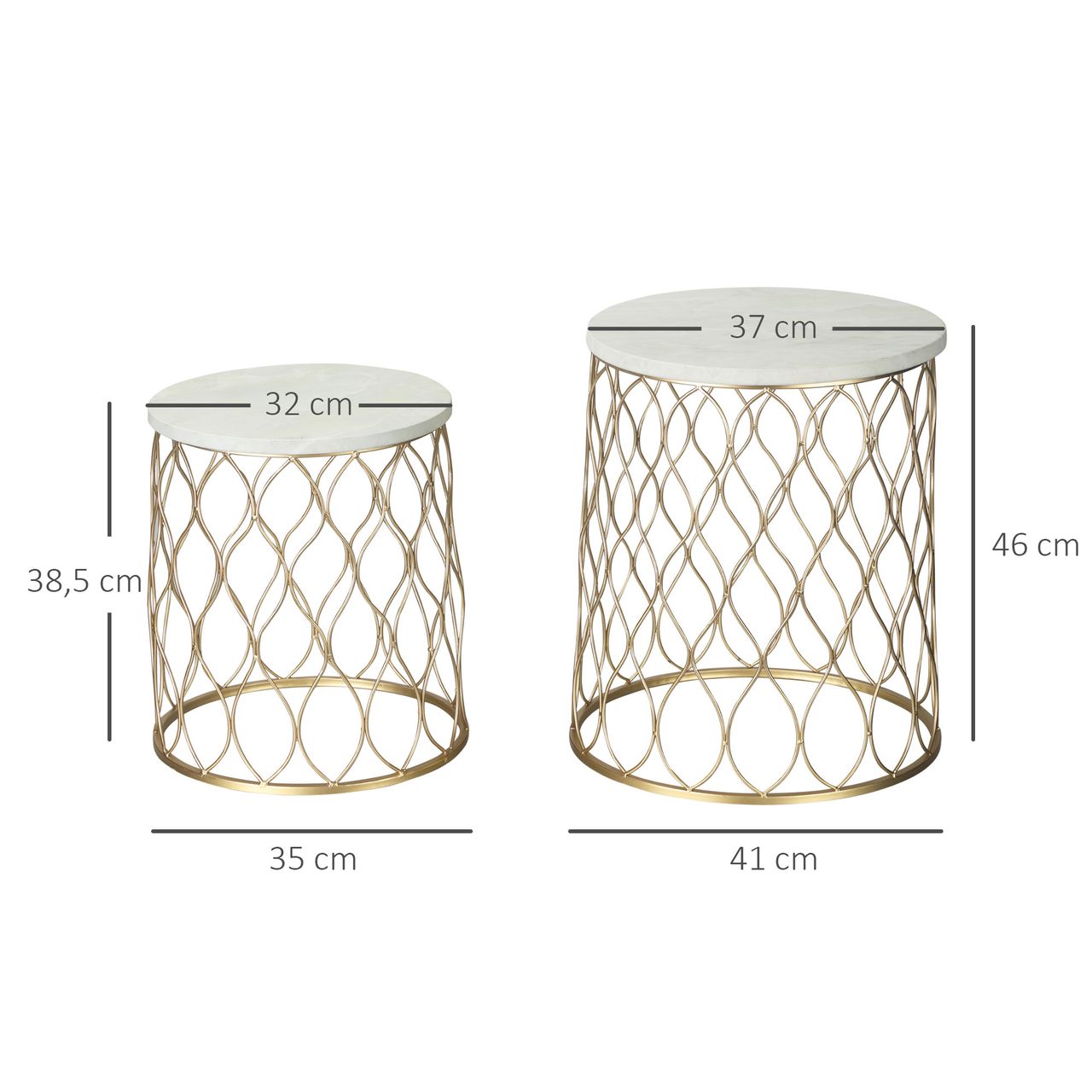 Outsunny 2er-Set Gartentisch Beistelltische Couchtische Retro Drahtkorb Metallkorb Garten Satztisch Gartenmöbel Outdoor Balkon Stahl Gold   Weiß Ø41 x 46 cm