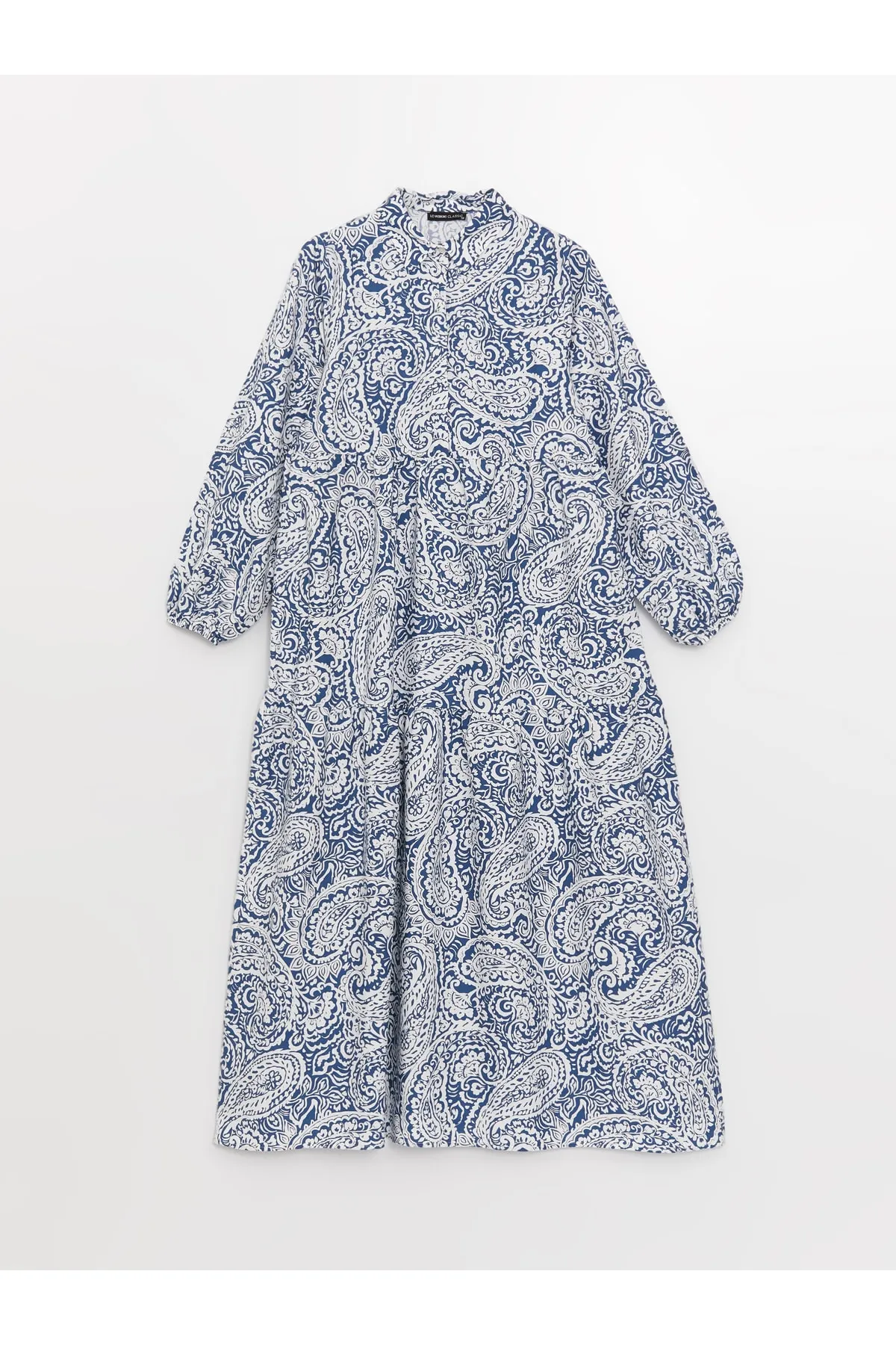 LC Waikiki  Gemustertes Popeline-Damenkleid mit Hemdkragen und langen Ärmeln