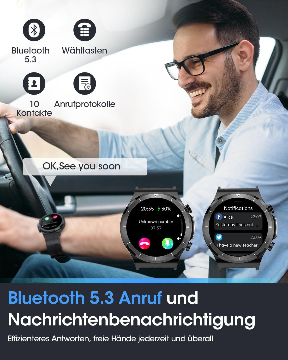 Powerwill Smartwatch Herren mit Blutzuckermessung, 24/7 Schlafmonitor Smartwatch, Pulsmesser, SpO2, 1,39