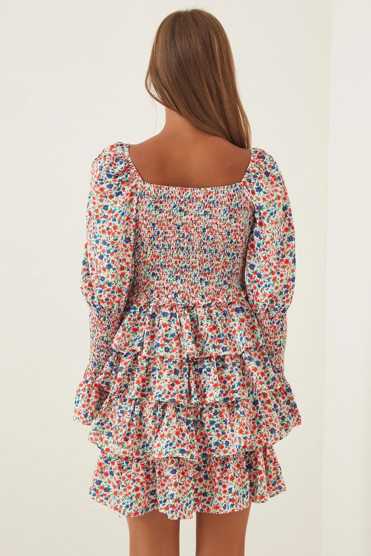 Happiness İstanbul  Rot-weißes geblümtes Katkat-Rüschen-Mini-Sommerkleid für Damen FN02947