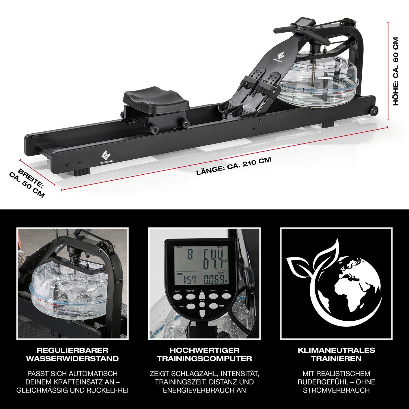 FitEngine Rudergerät Wasserrudergerät Echtholz Trainingscomputer 210cm schwarz, Wasserwiderstand passt sich automatisch an