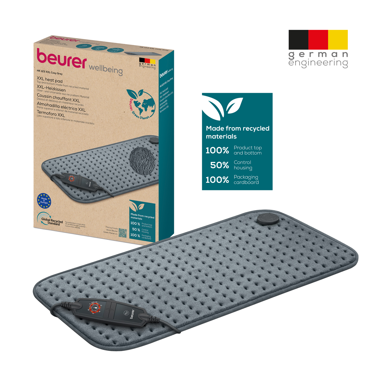 Beurer XXL-Heizkissen HK 123 XXL Cosy Grey Green Planet-Atmungsaktives Heizkissen im XXL-Format aus der Green Planet Reihe