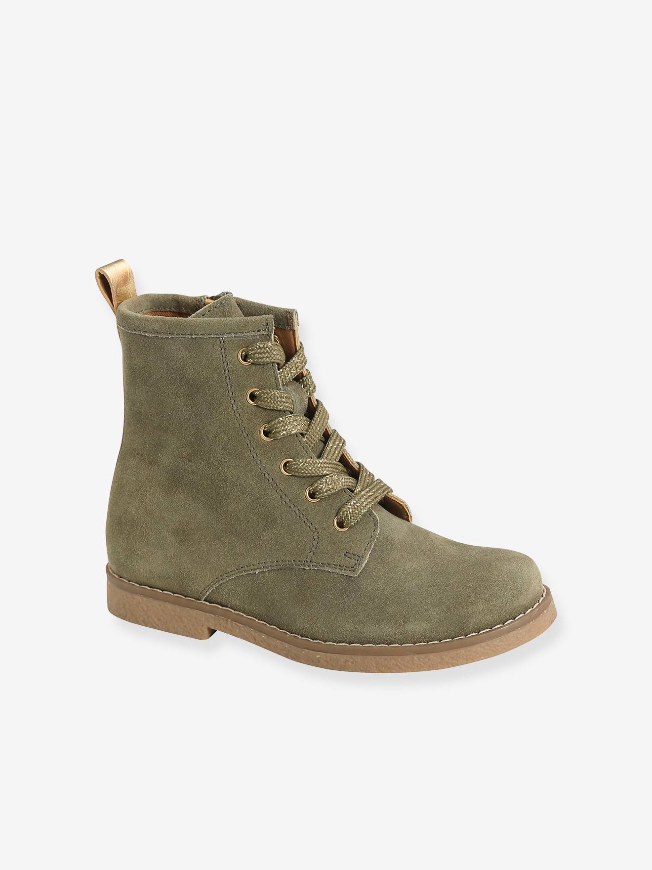 Bottines cuir fille à lacets + glissière kaki