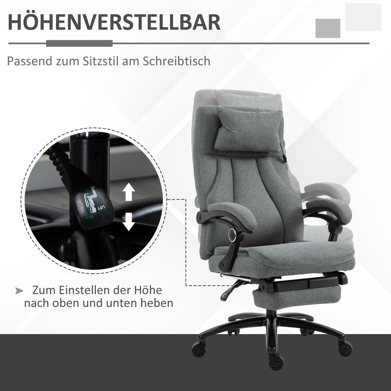Vinsetto Massagebürostuhl Drehstuhl mit Fußstütze höhenverstellbar Leinen-Gefühl