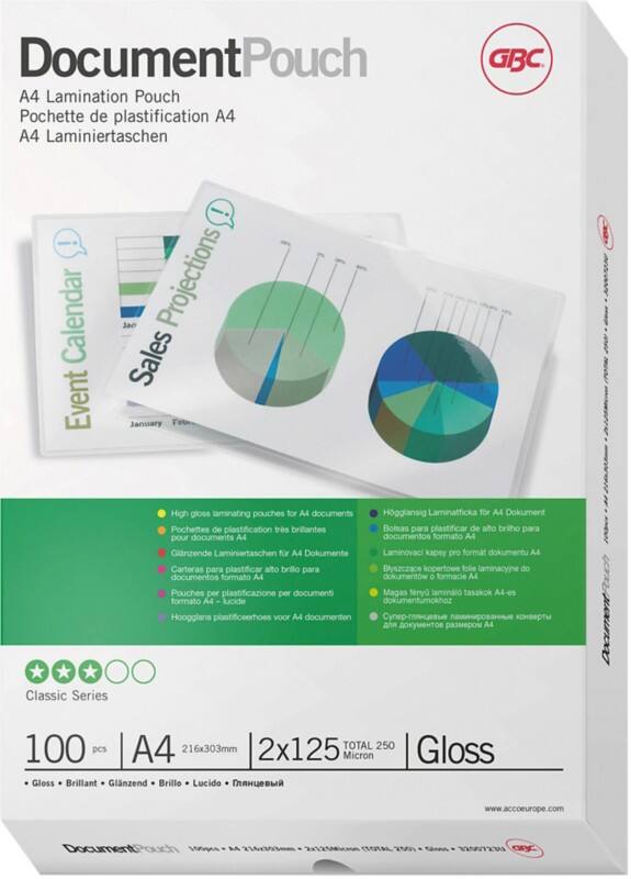 GBC Document Laminierfolien DIN A4 Glänzend 125 Mikron (2 x 125) Transparent 100 Stück