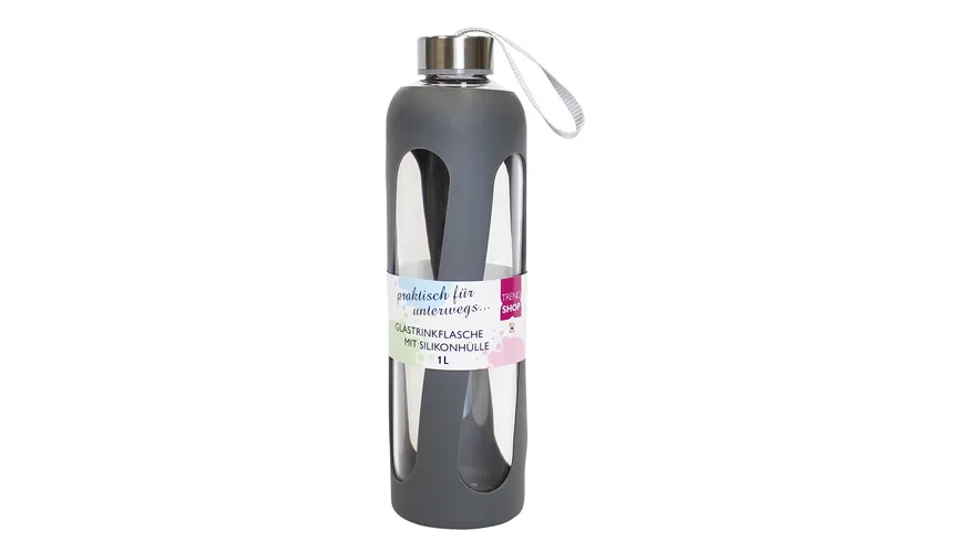 TRENDSHOP Trinkflasche aus Glas mit Silikonmantel 1l grey
