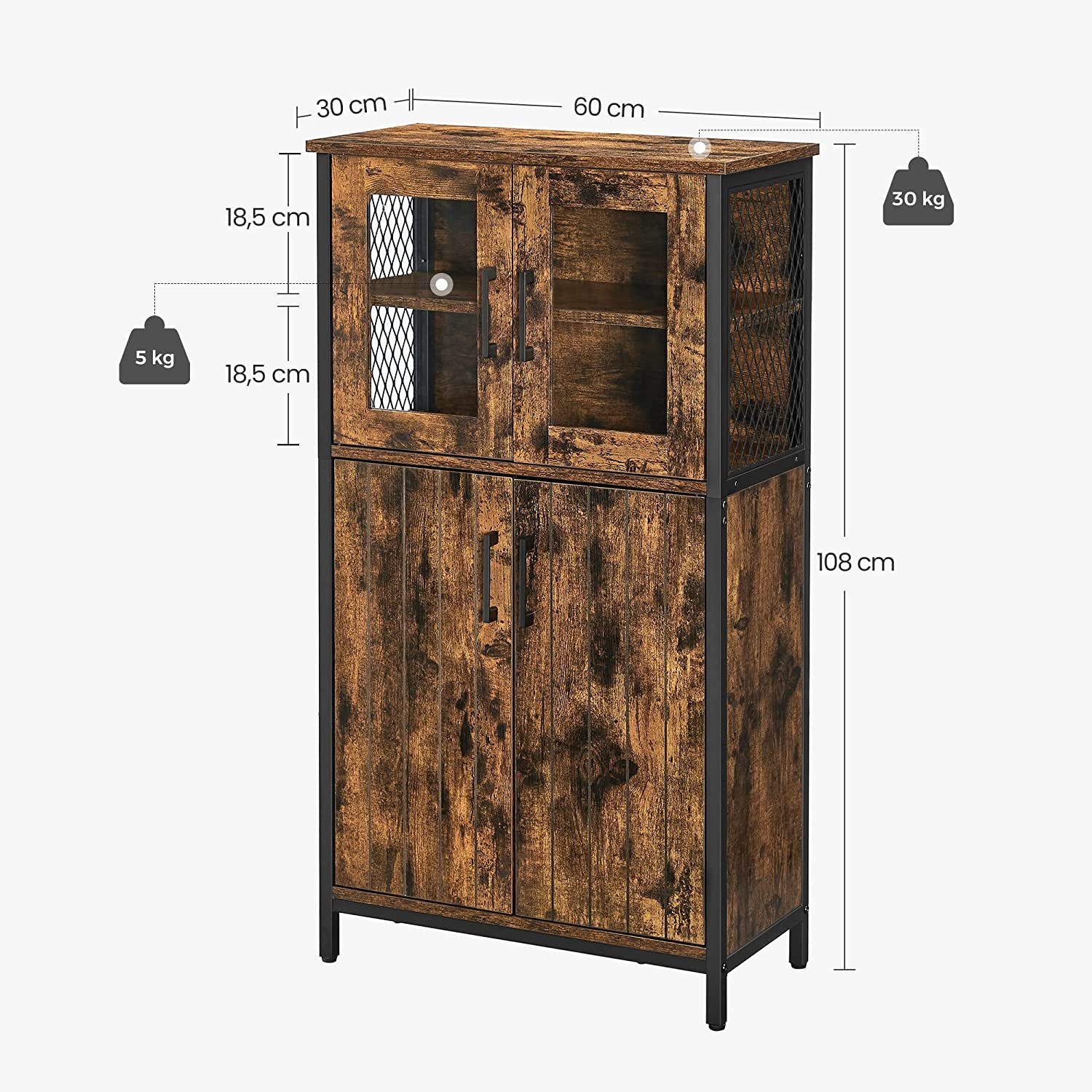 VASAGLE Highboard Kücheschrank, Höhe 108 cm, für Küche, Industriestil